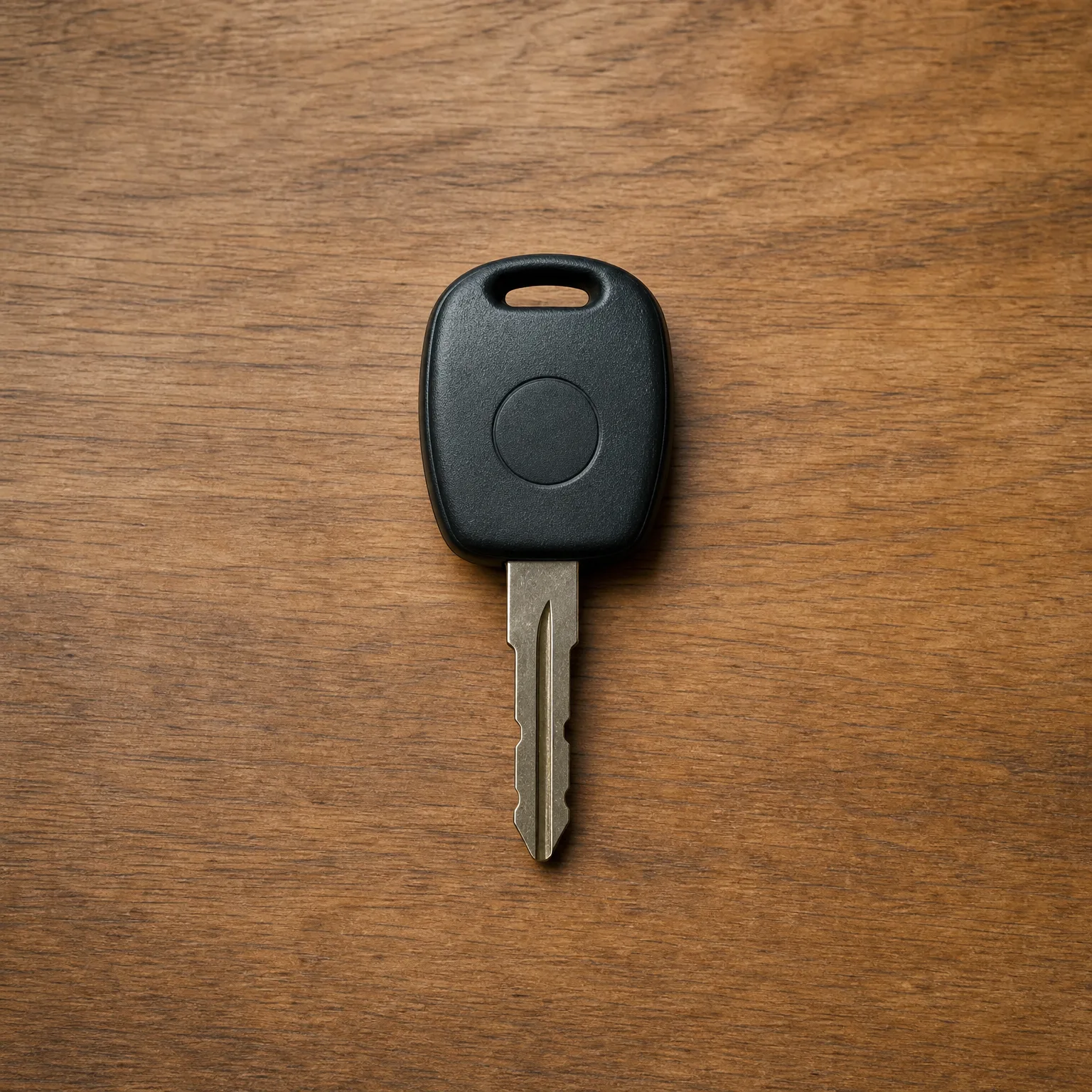 A car key with a black plastic head and a single round button, lying on a wooden surface.