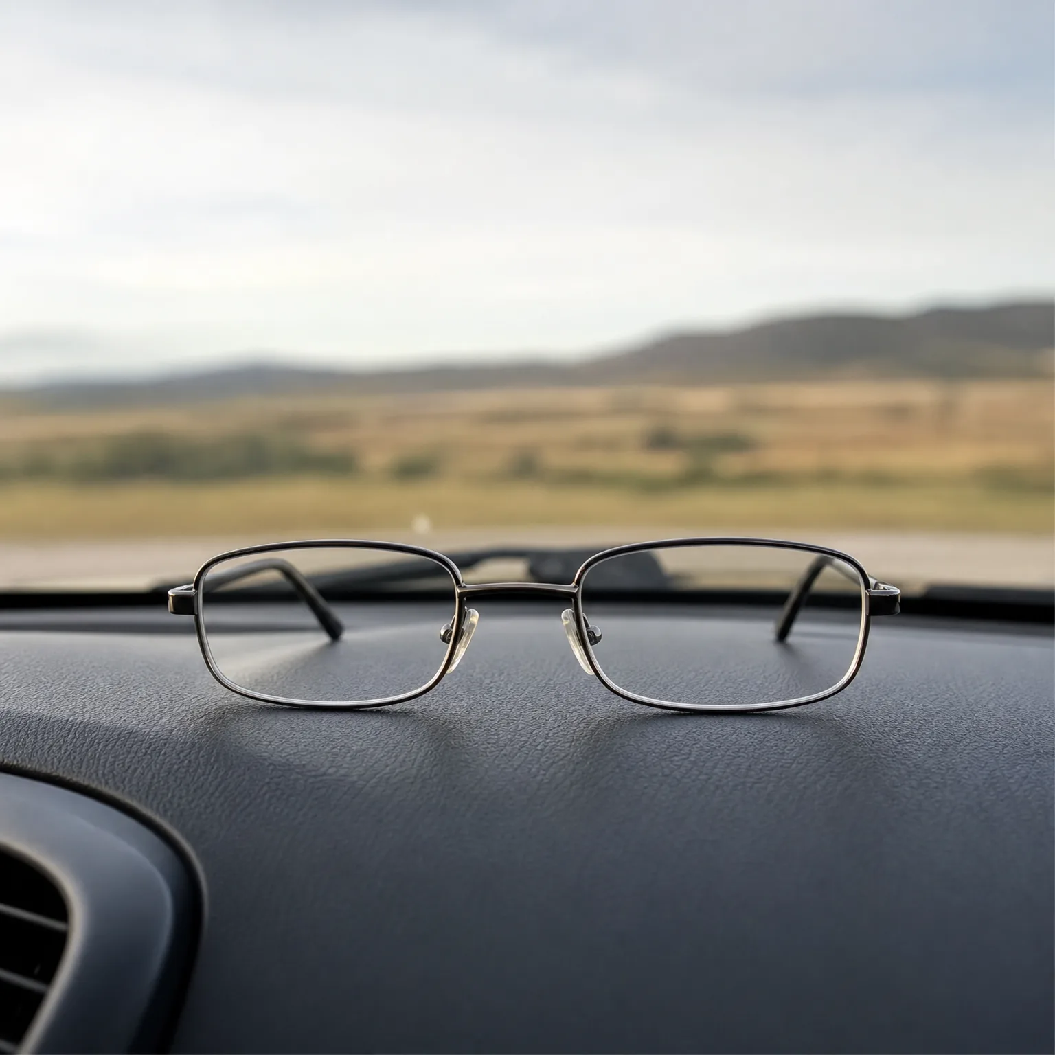 A pair of thin metal-framed eyeglasses resting on a dark car dashboard, with a blurred open landscape and distant hills visible through the windshield.