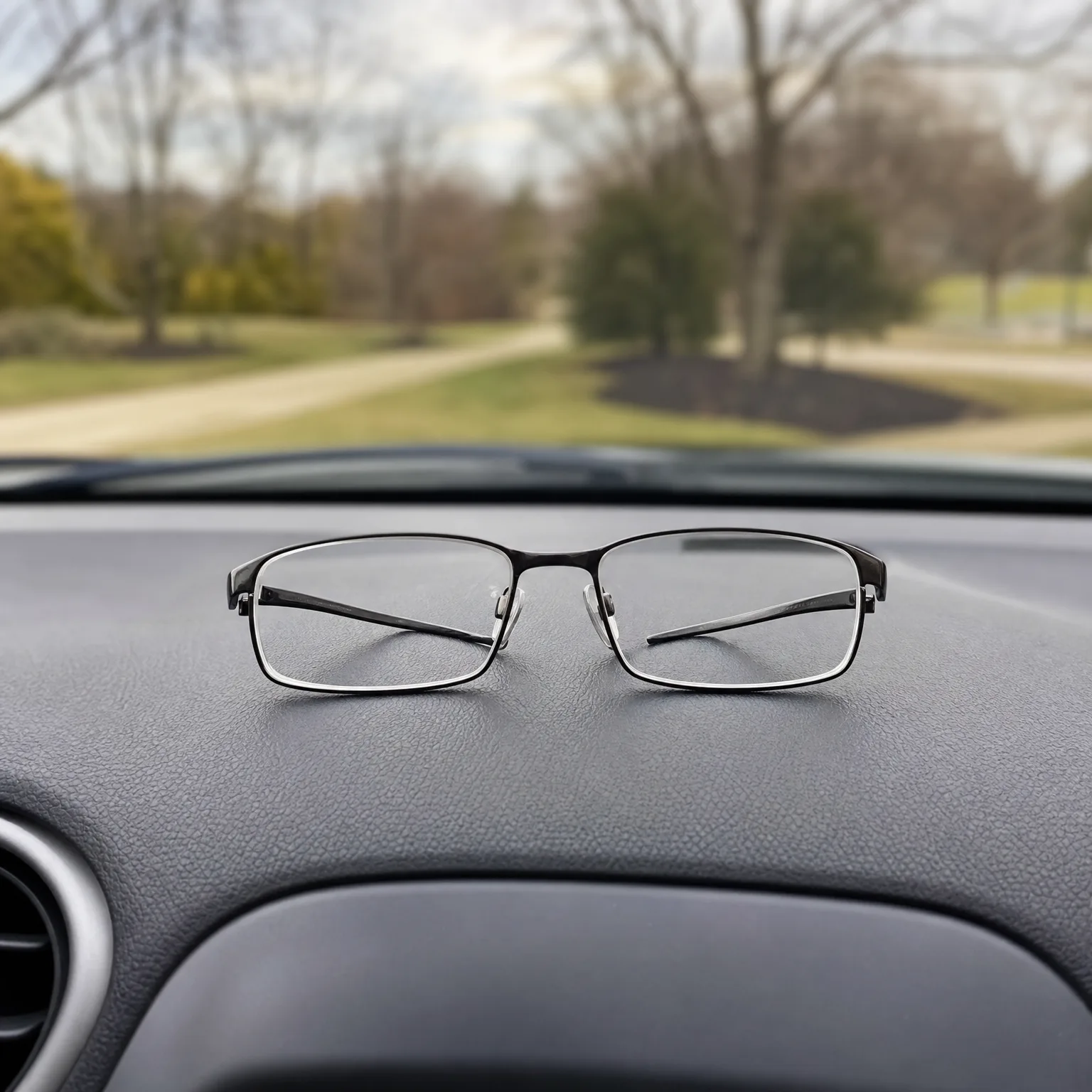 A pair of dark metal-framed eyeglasses resting on a gray car dashboard, with blurred bare trees, grass and a paved path visible through the windshield.