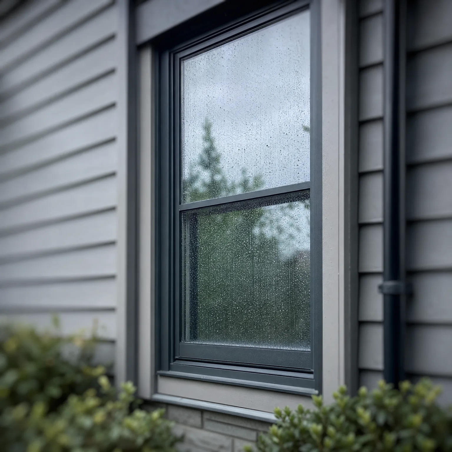 Close-up of a dark-framed single-hung window with rain droplets on the glass, set in gray horizontal lap siding, with green shrubs in the foreground and a downspout at right.