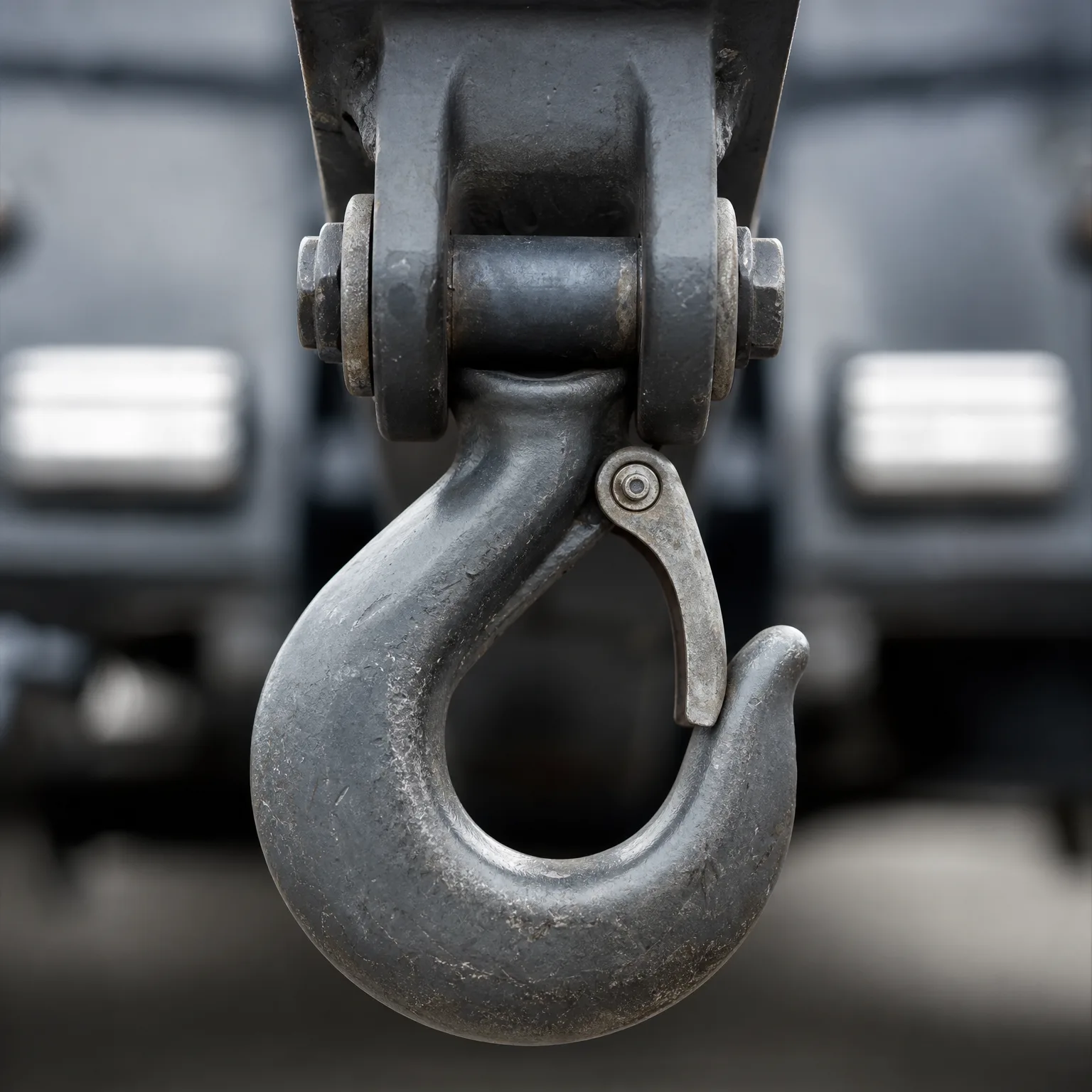 Close-up of a large steel lifting hook with a safety latch, suspended from a bolted clevis, against a blurred gray background.