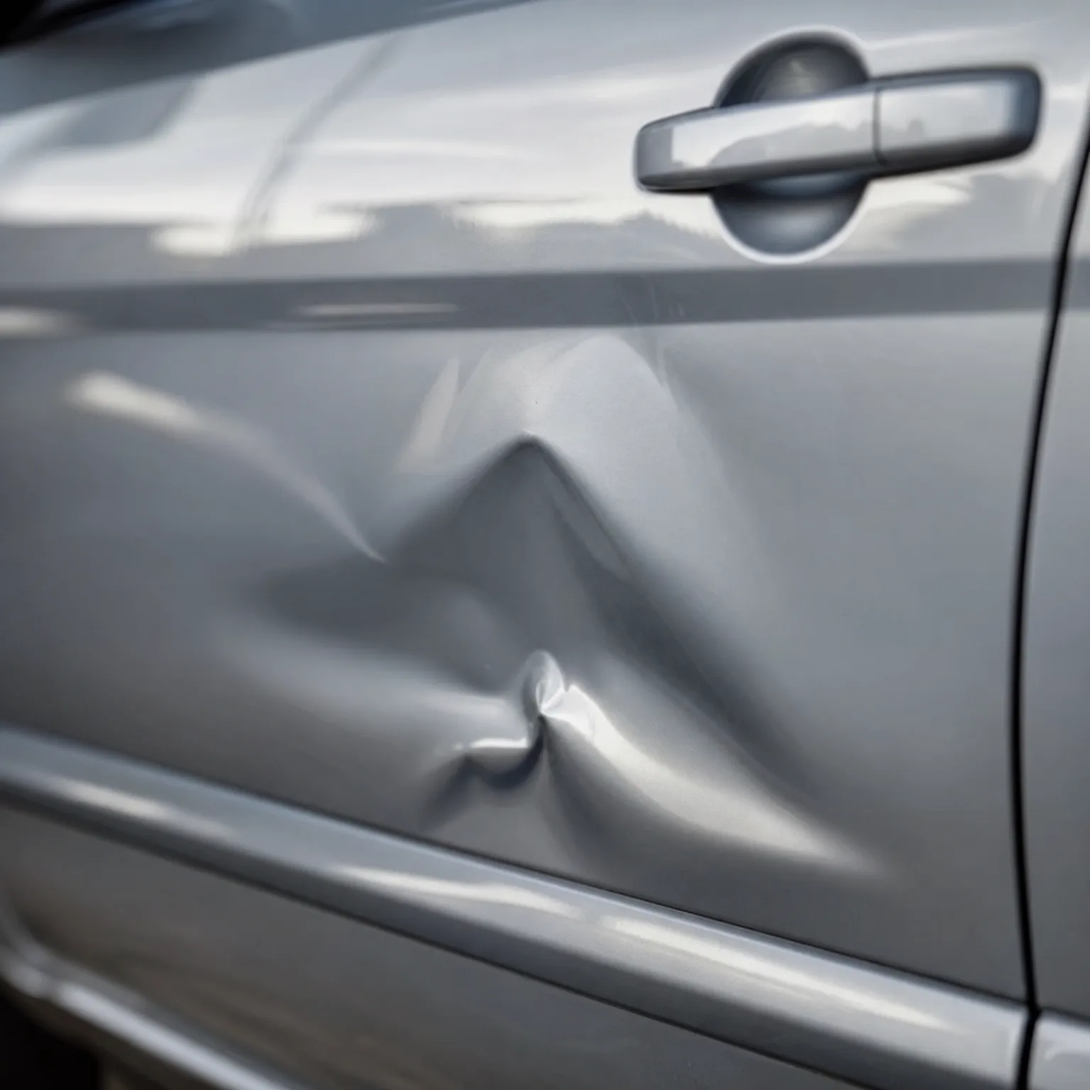Close-up of a silver car door panel with a large crease and dent below the door handle.