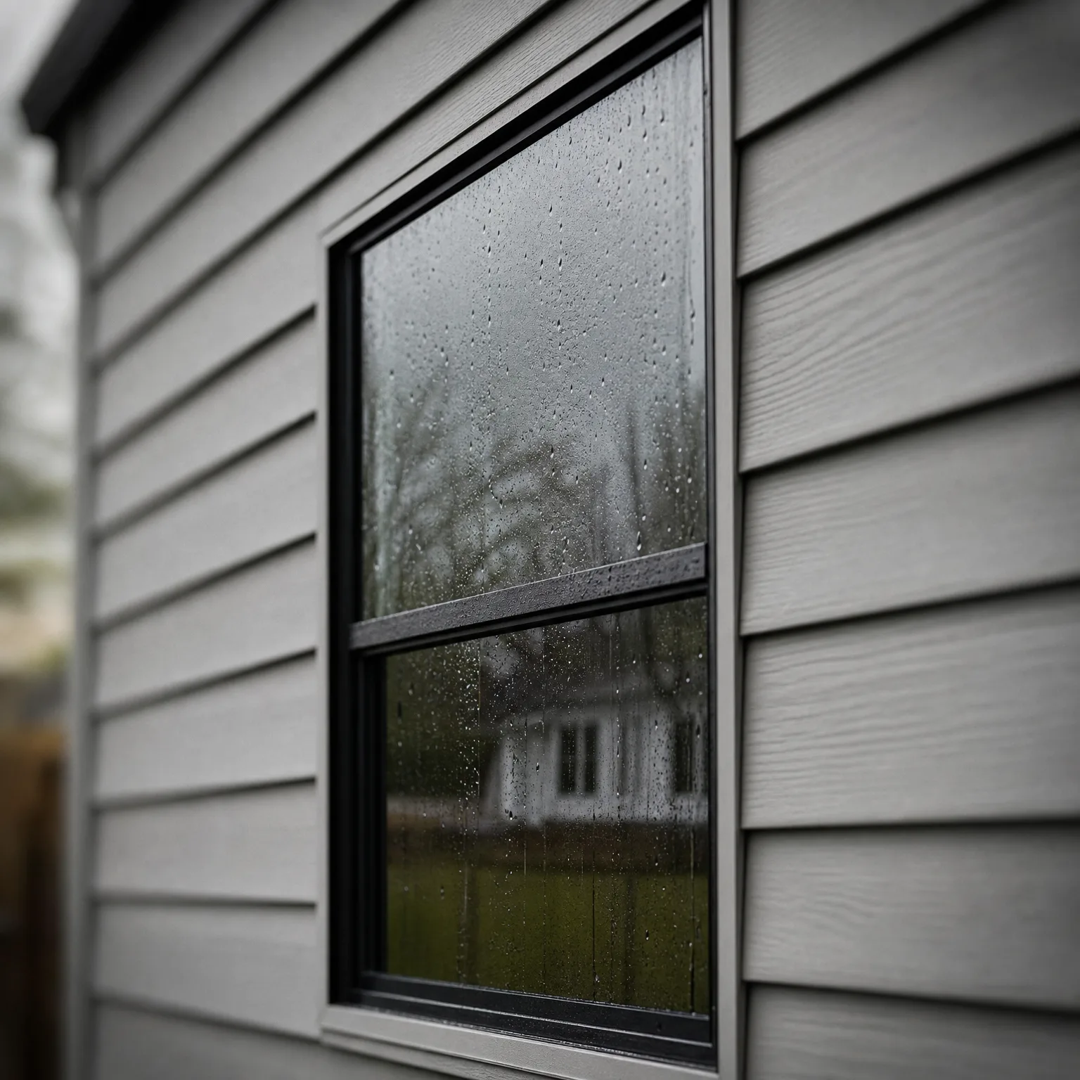 Close-up of a black-framed window with rain droplets on the glass, set in gray horizontal lap siding, with a blurred white house and bare trees reflected or visible through the pane.