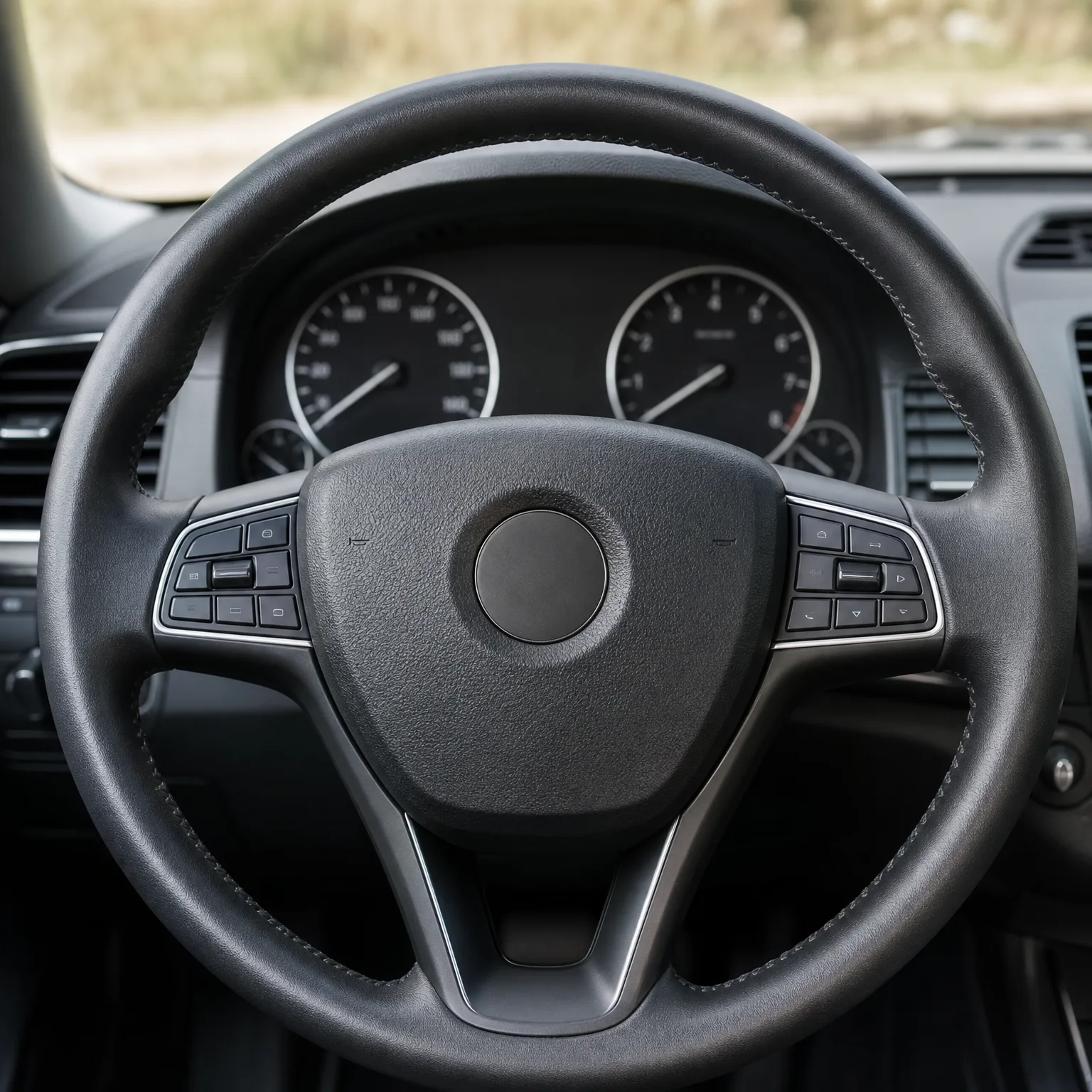 Close-up of a black three-spoke car steering wheel with control buttons on both spokes, in front of a dashboard with speedometer and tachometer gauges.