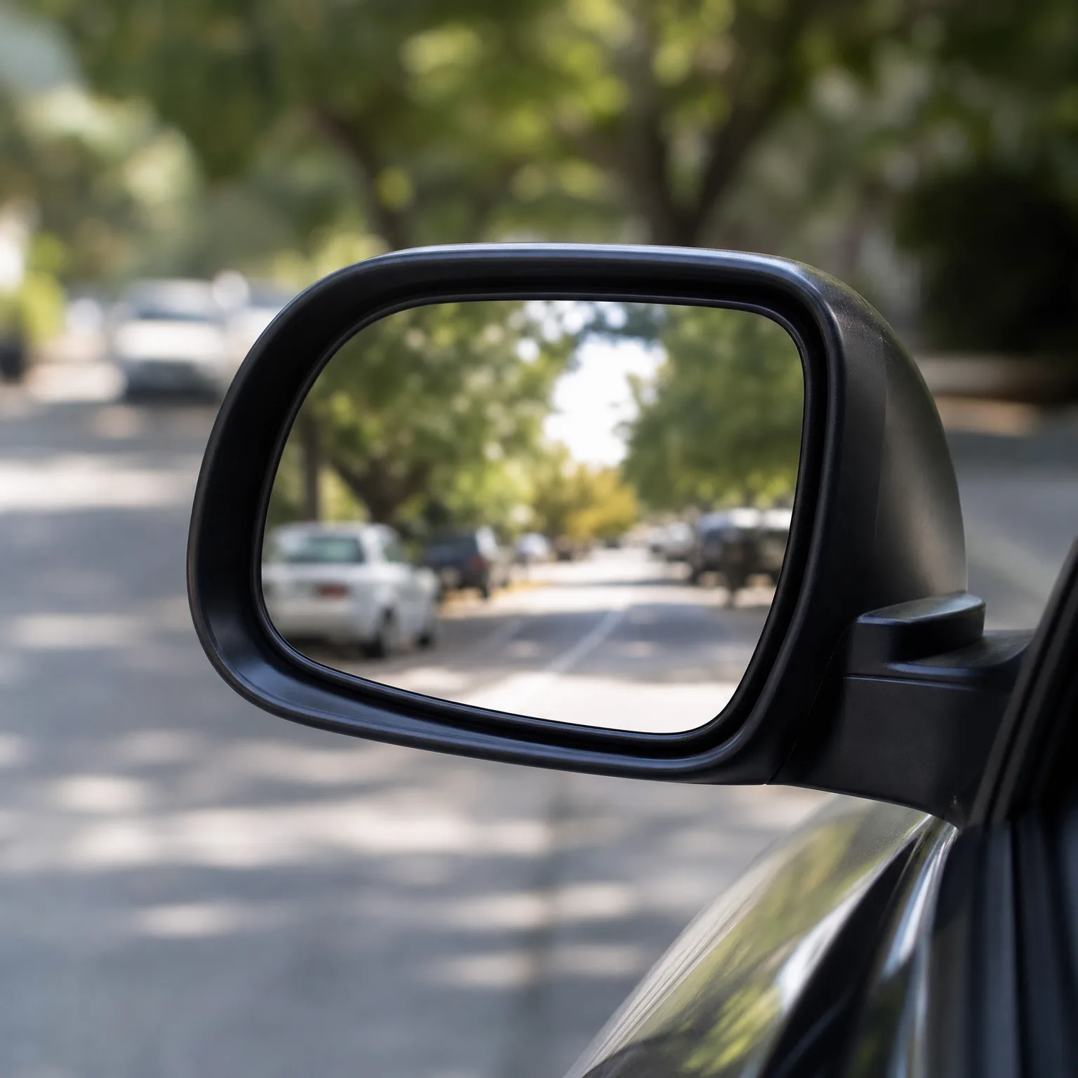 Close-up of a car's black side mirror reflecting a tree-lined street with parked cars, with the blurred road and foliage in the background.