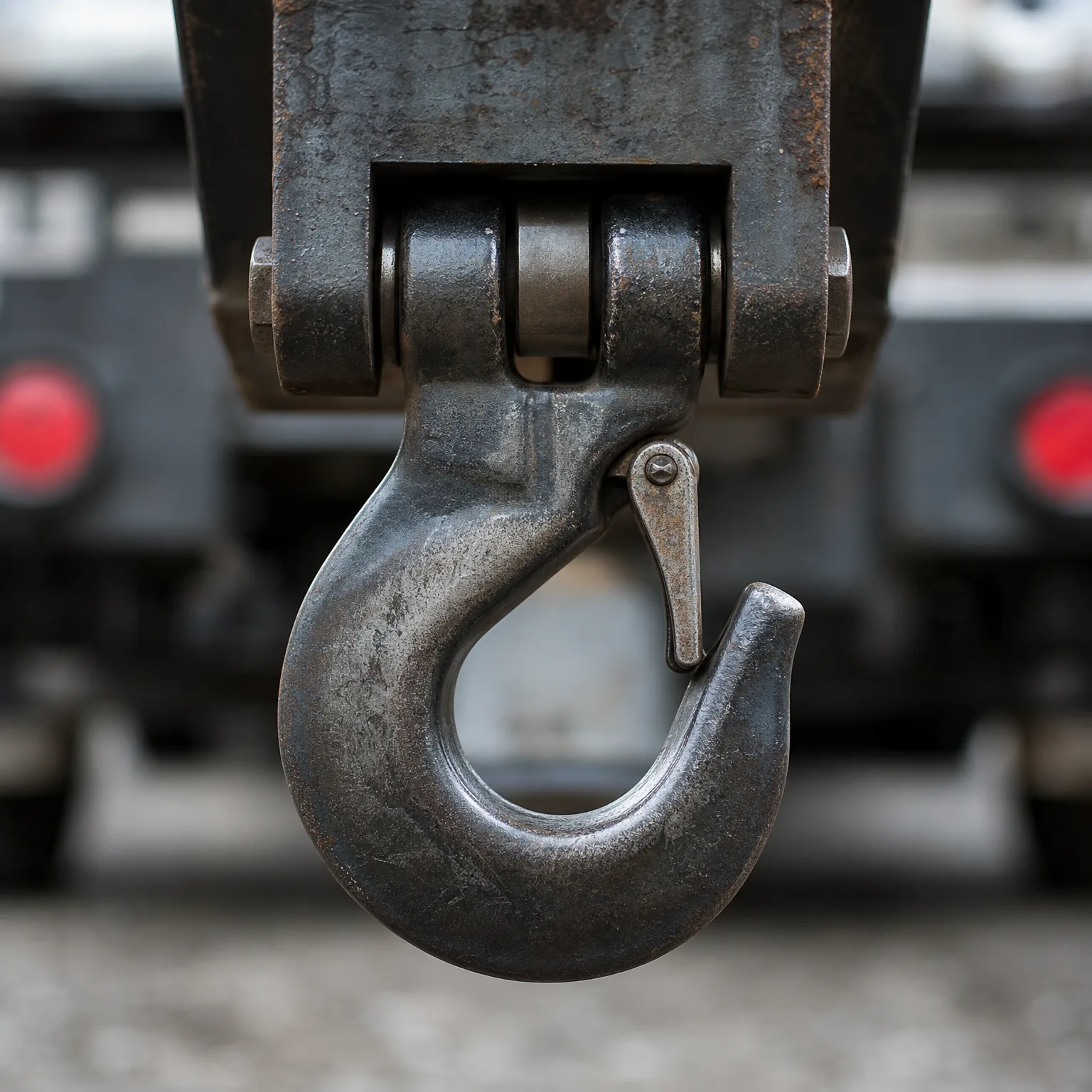 Close-up of a worn steel lifting hook with a safety latch, suspended from a clevis and pin, with a blurred vehicle and gravel ground behind.