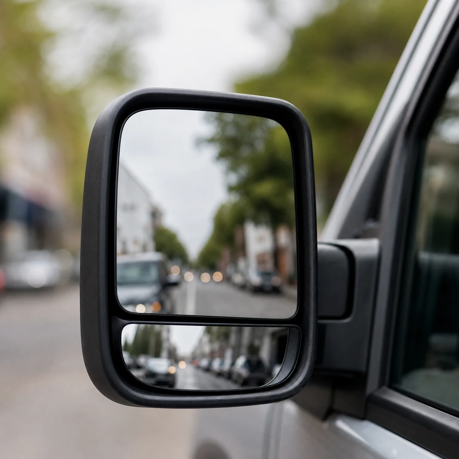 Close-up of a van's black dual-pane side mirror reflecting a tree-lined street with parked cars, with the vehicle's window and body blurred at right.