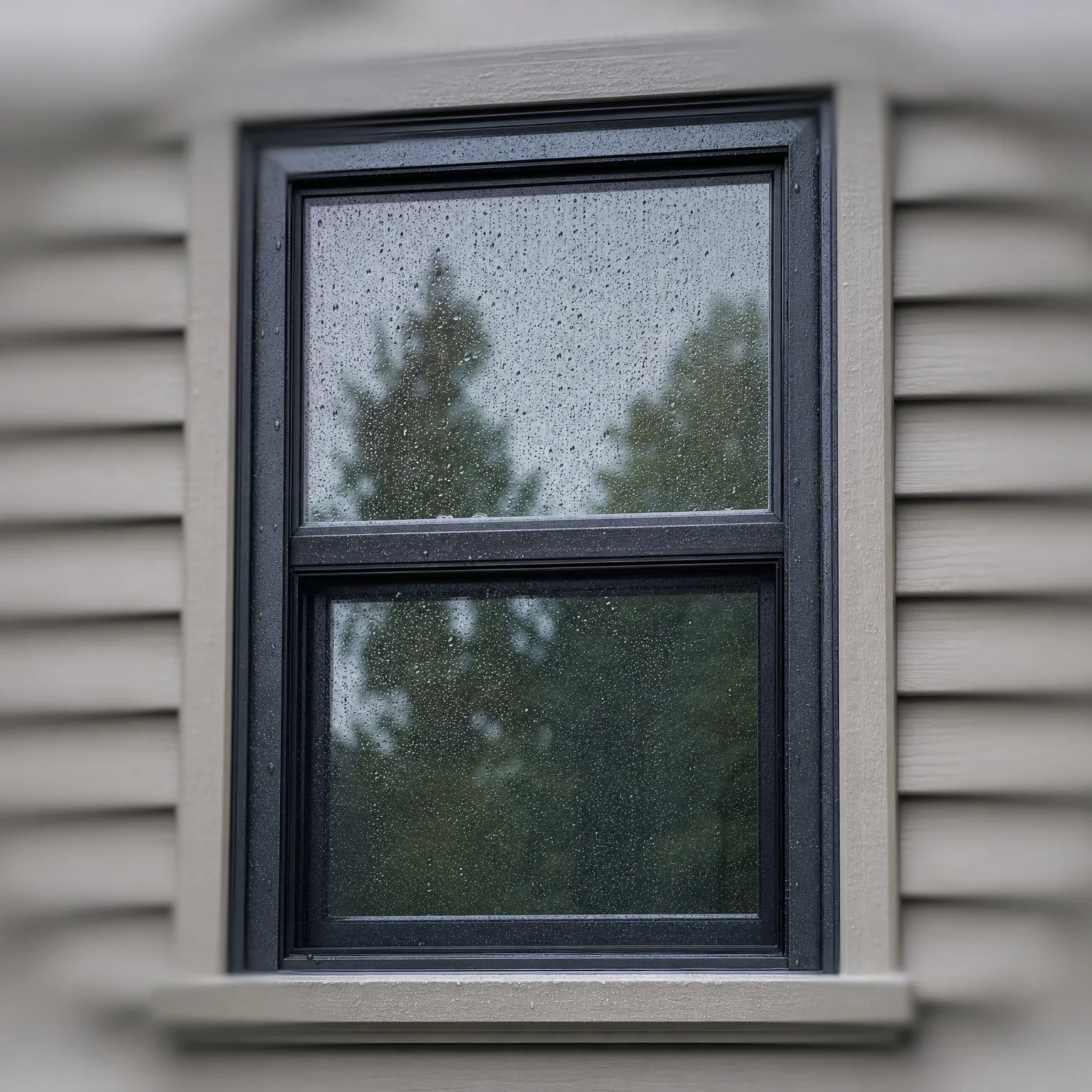 A dark-framed double-hung window with water droplets on the glass, set in light beige horizontal siding, with a blurred evergreen tree reflected or seen through the panes.