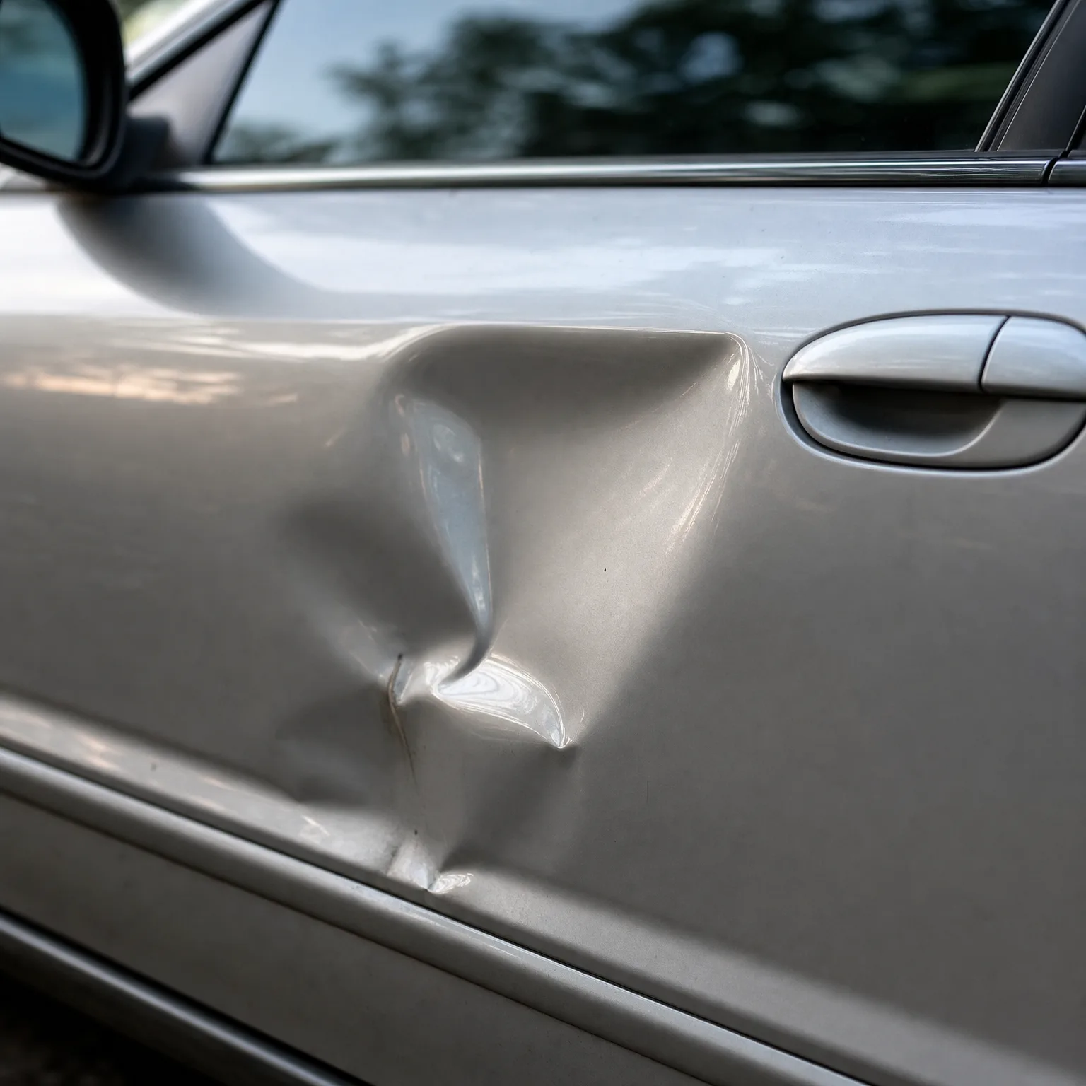 Close-up of a large crease dent in the front door panel of a silver car, with the door handle and side mirror visible and trees reflected in the window.