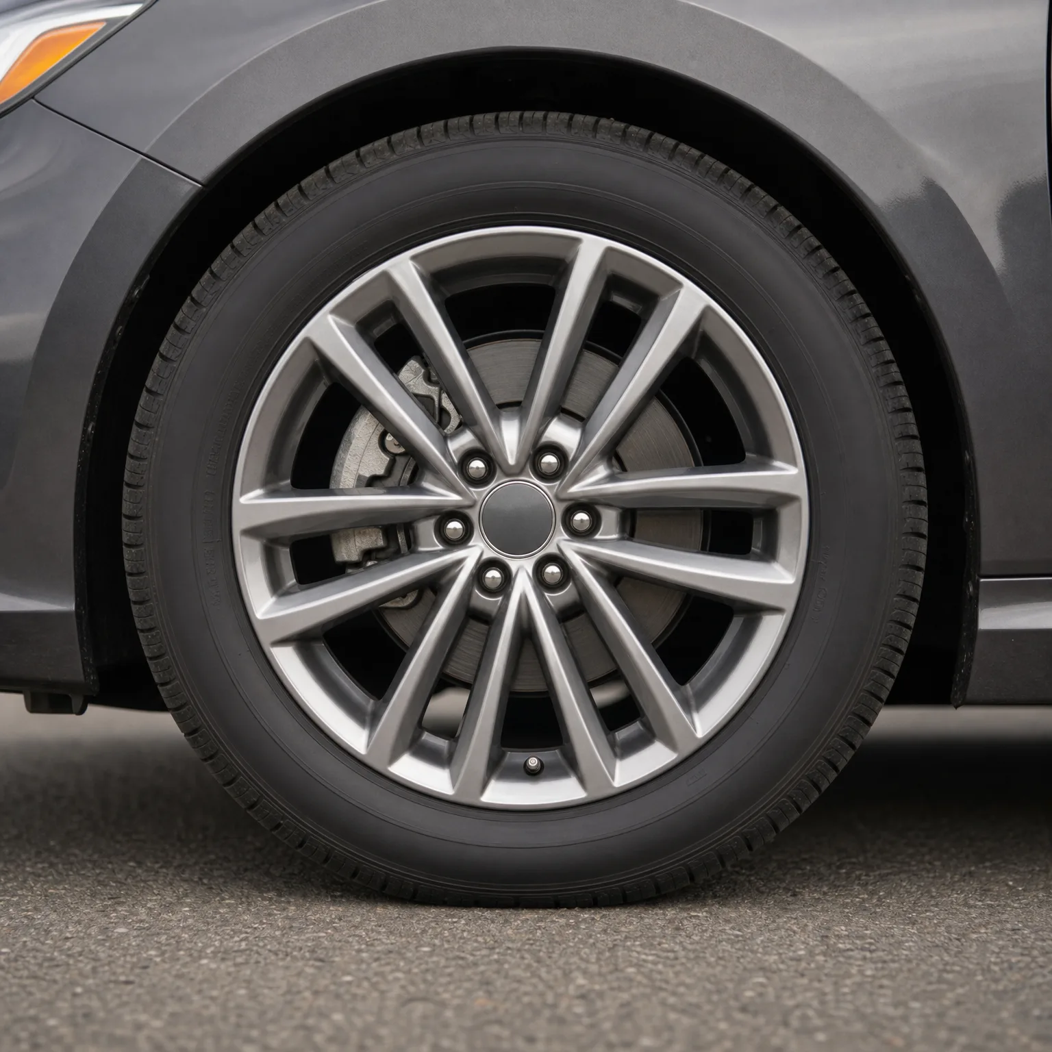 Close-up of a silver multi-spoke alloy wheel and tire on a dark gray car parked on asphalt.