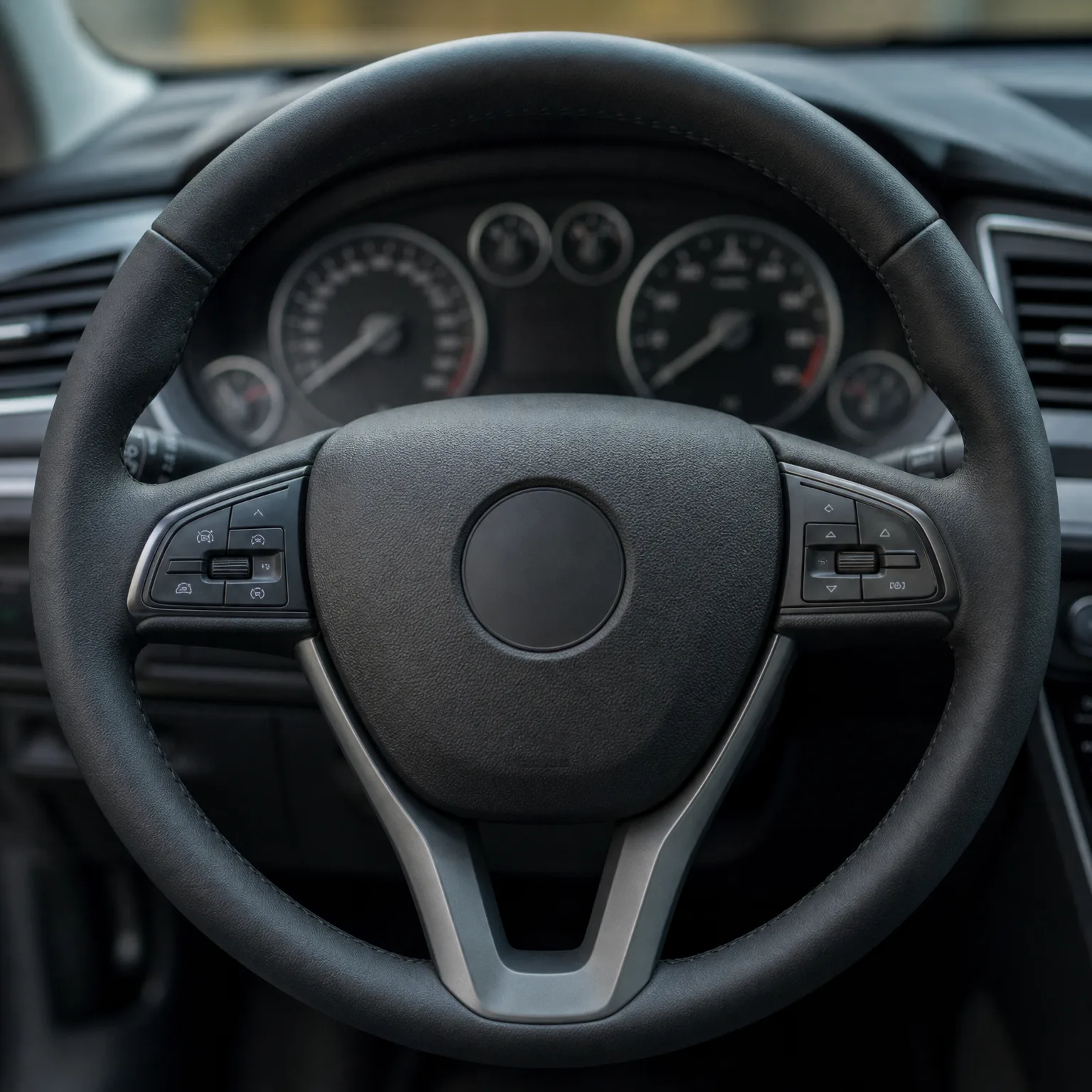 Close-up of a black three-spoke car steering wheel with control buttons on both spokes and a blurred instrument cluster with two round gauges behind it.