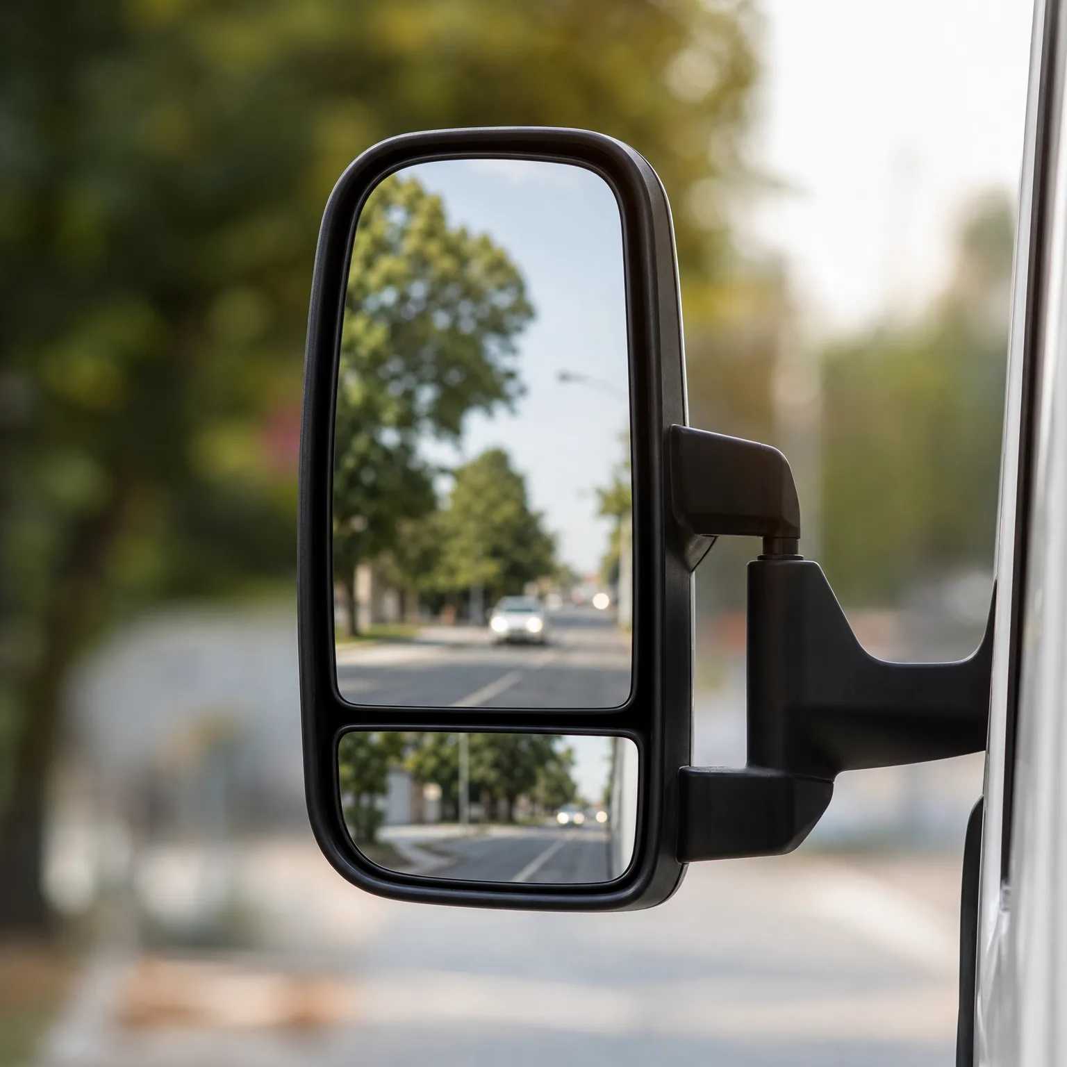 Close-up of a white van's black dual-pane side mirror reflecting a tree-lined street with an approaching car, against a blurred green background.