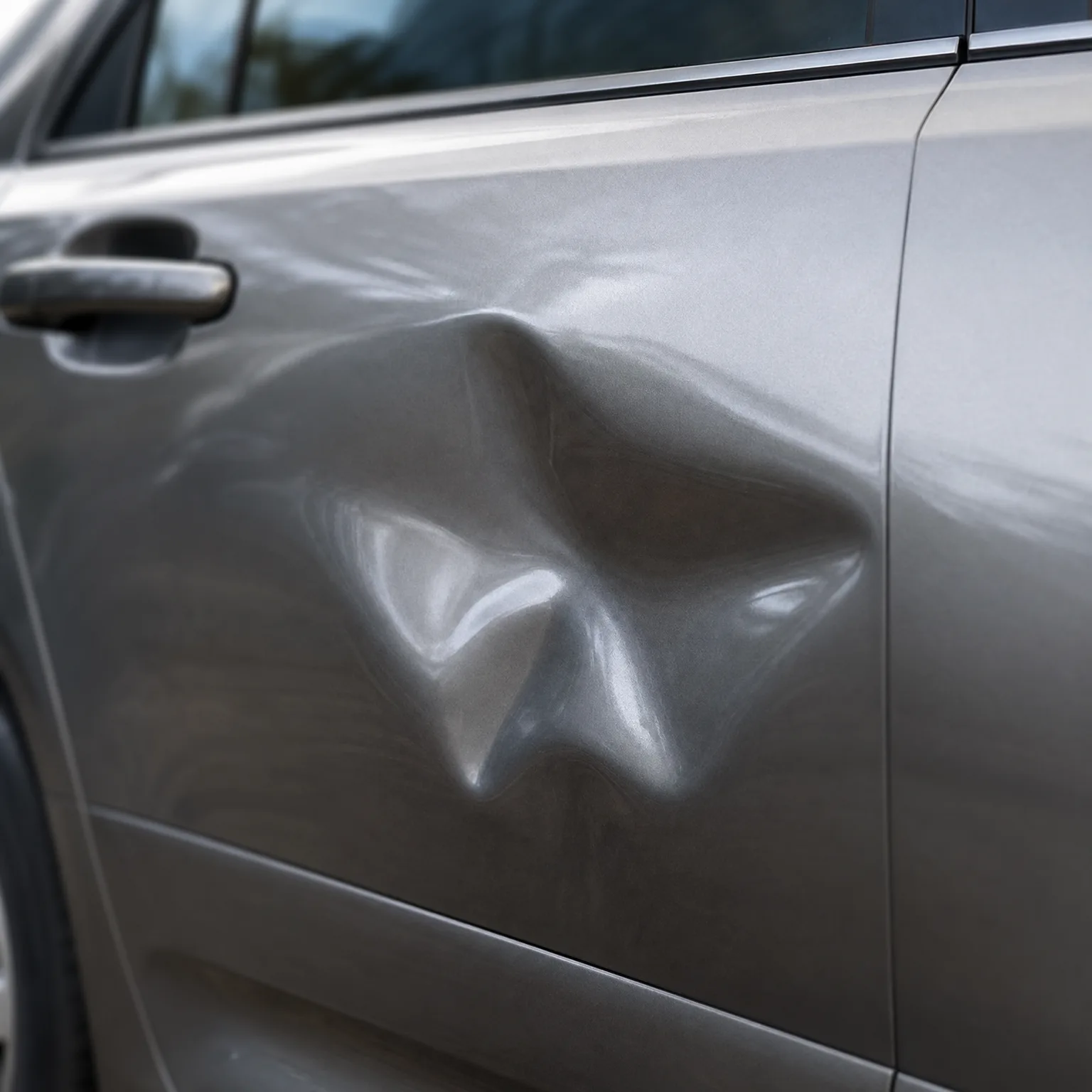 Close-up of a large dent in the rear door panel of a gray car, with the door handle and window edge visible above.