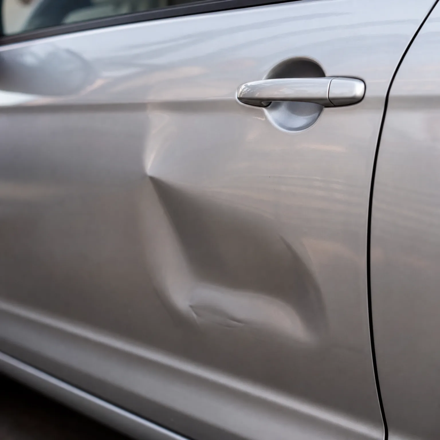 Close-up of a silver car's door panel showing a crease-shaped dent below the door handle, with the door gap visible at right.