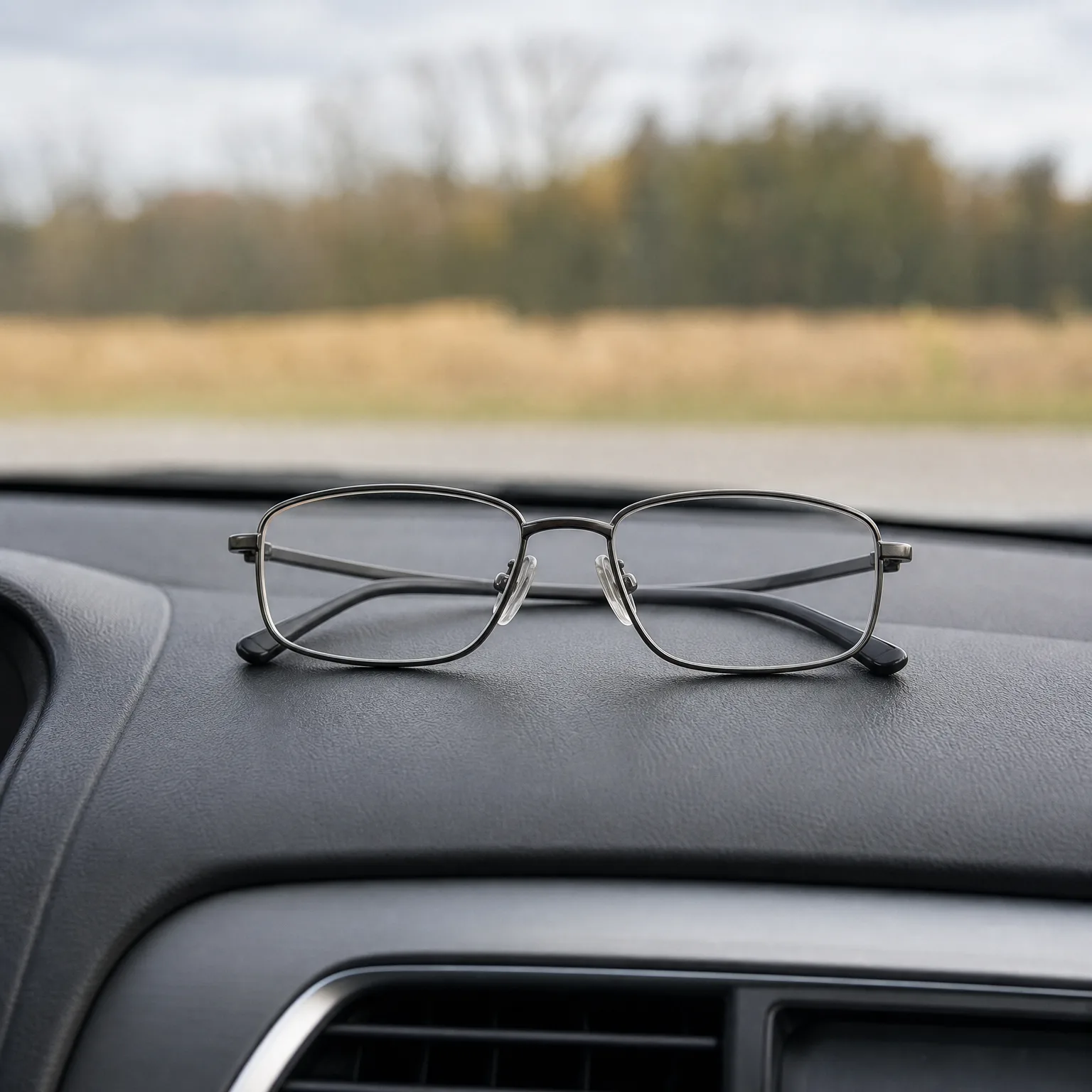 A pair of thin metal-framed eyeglasses resting folded on a dark car dashboard, with a blurred field and tree line visible through the windshield.