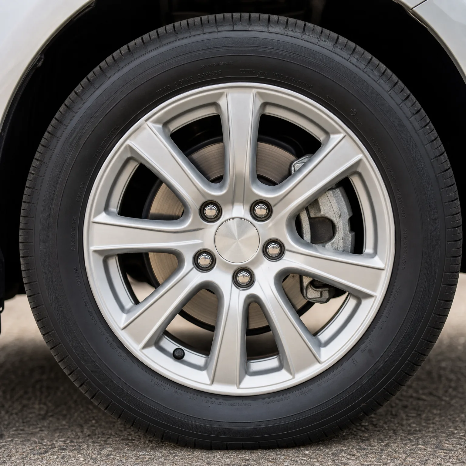 Close-up of a car's front wheel with a silver multi-spoke alloy rim, five lug nuts, visible brake disc and caliper behind it, and a black sidewall tire, parked on pavement.