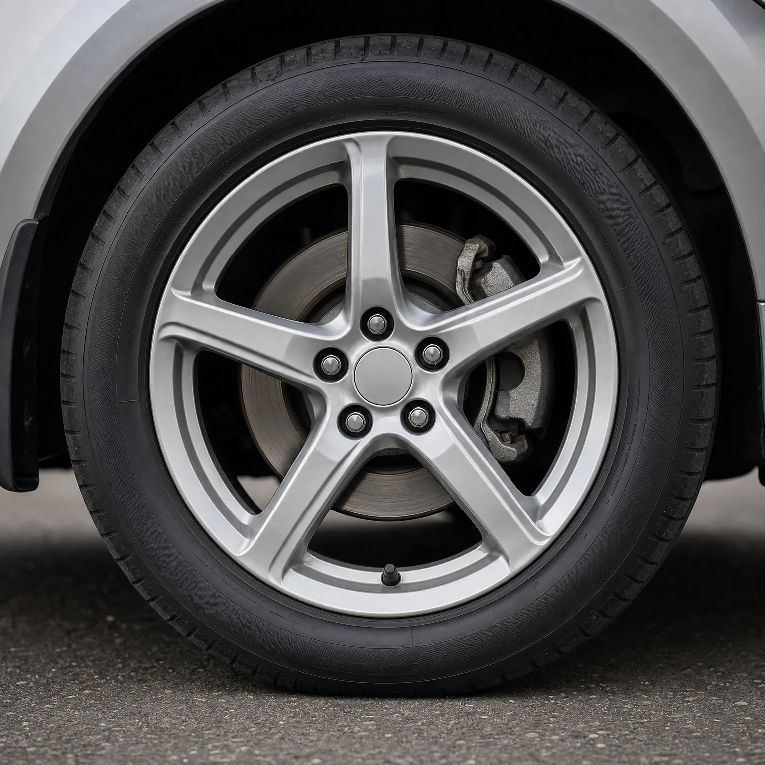 Close-up of a silver five-spoke alloy wheel with a black tire on a light-colored car, showing the brake disc and caliper behind the spokes, parked on asphalt.