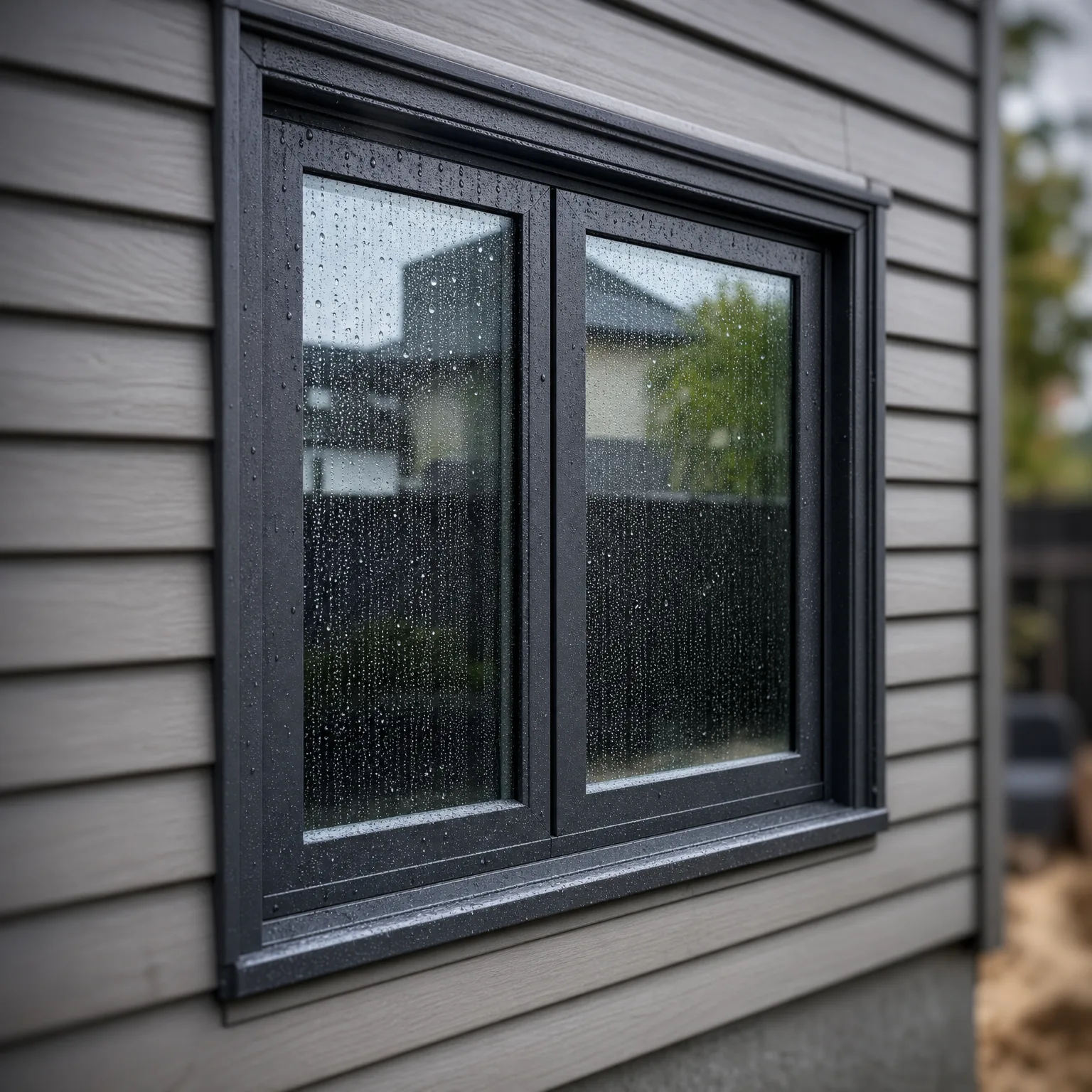 A dark-framed double-pane casement window set in grey horizontal weatherboard cladding, its glass covered in rain droplets with blurred houses and trees reflected.