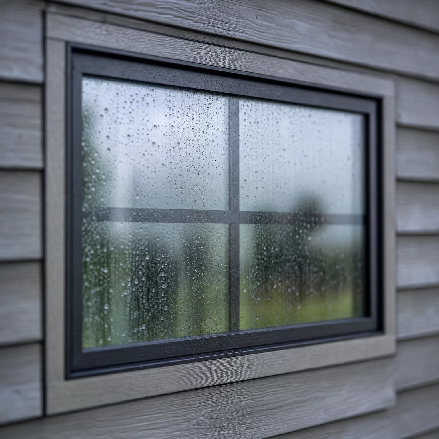 A dark-framed rectangular window set in gray horizontal wood-look siding, with water droplets and condensation on the glass and blurred green vegetation visible behind it.
