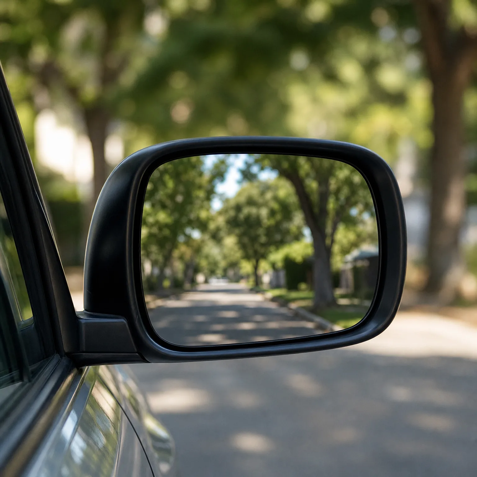 Close-up of a car's black side mirror reflecting a tree-lined residential street, with blurred green foliage and pavement in the background.