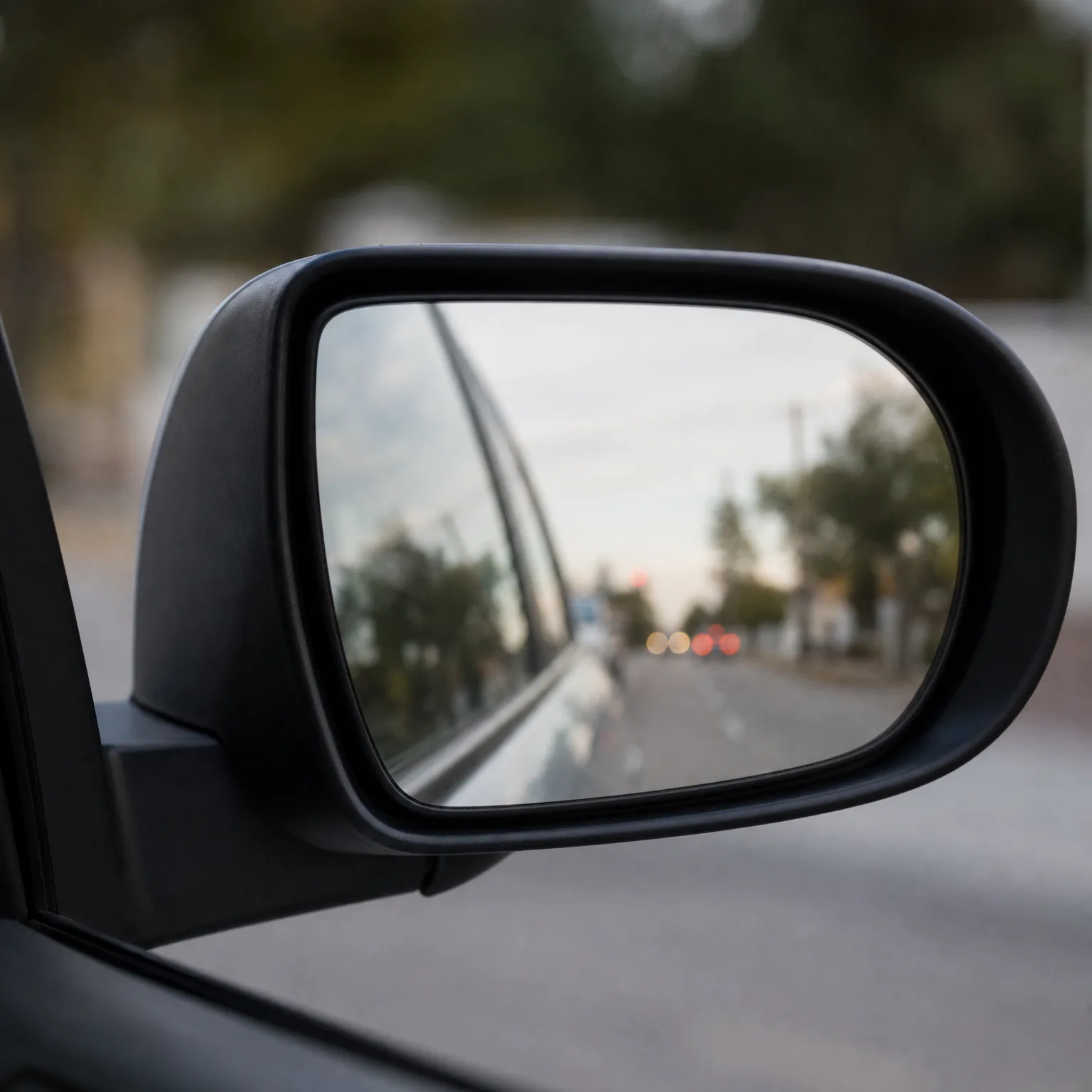 Close-up of a car's black side mirror reflecting a road with blurred vehicles, trees and sky behind.