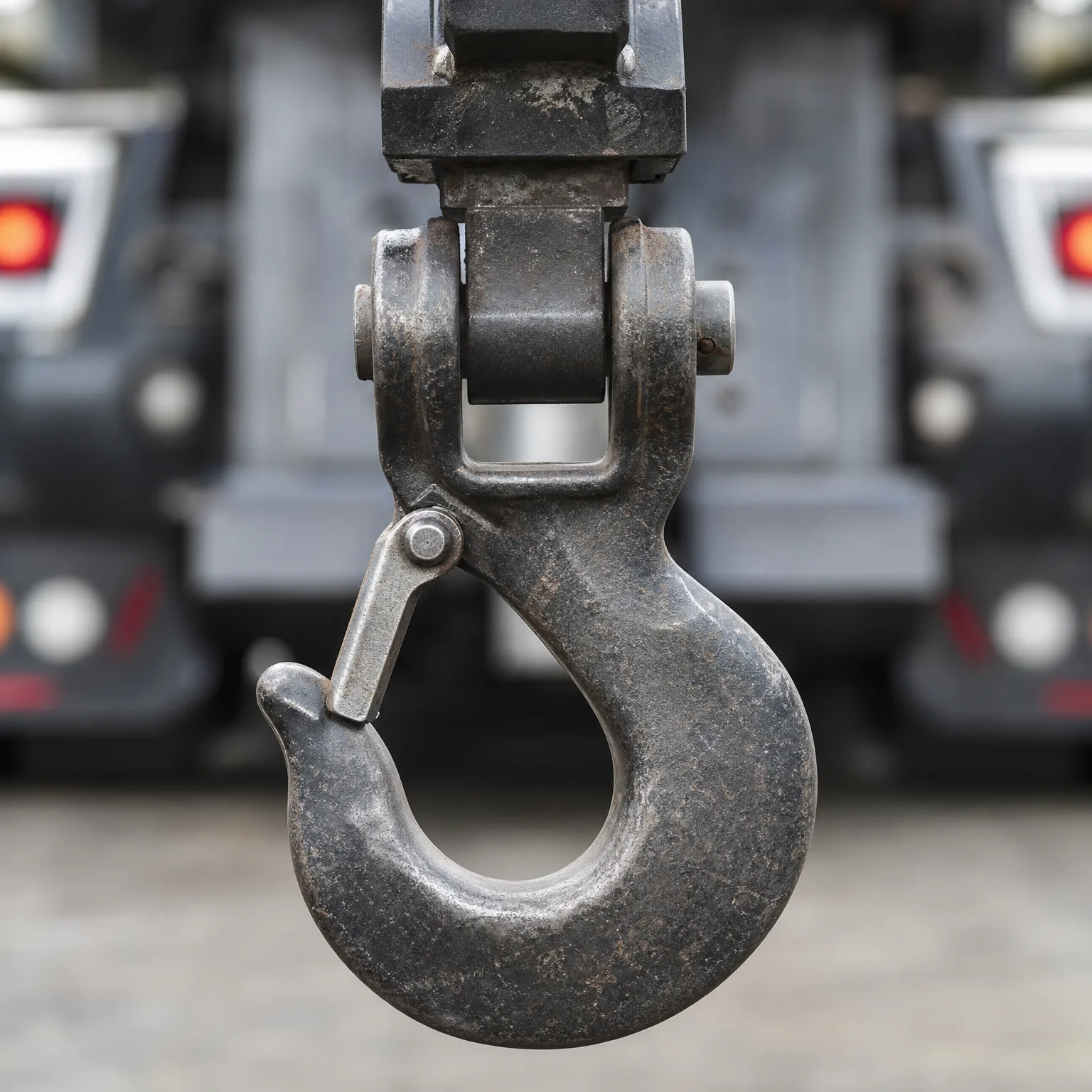 Close-up of a large steel lifting hook with a safety latch and swivel fitting, with blurred trucks in the background.