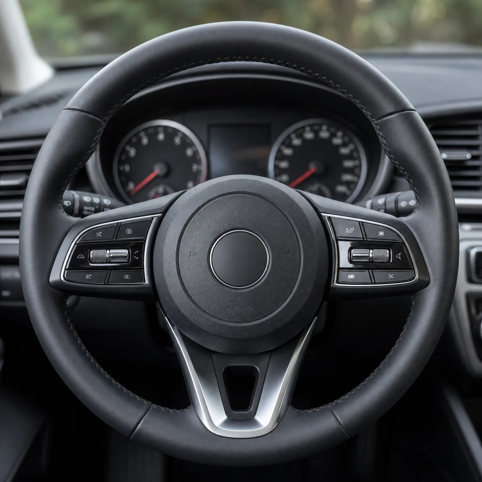 Close-up of a black leather multifunction steering wheel with control buttons on both spokes, in front of a two-dial instrument cluster, with blurred greenery through the windshield.