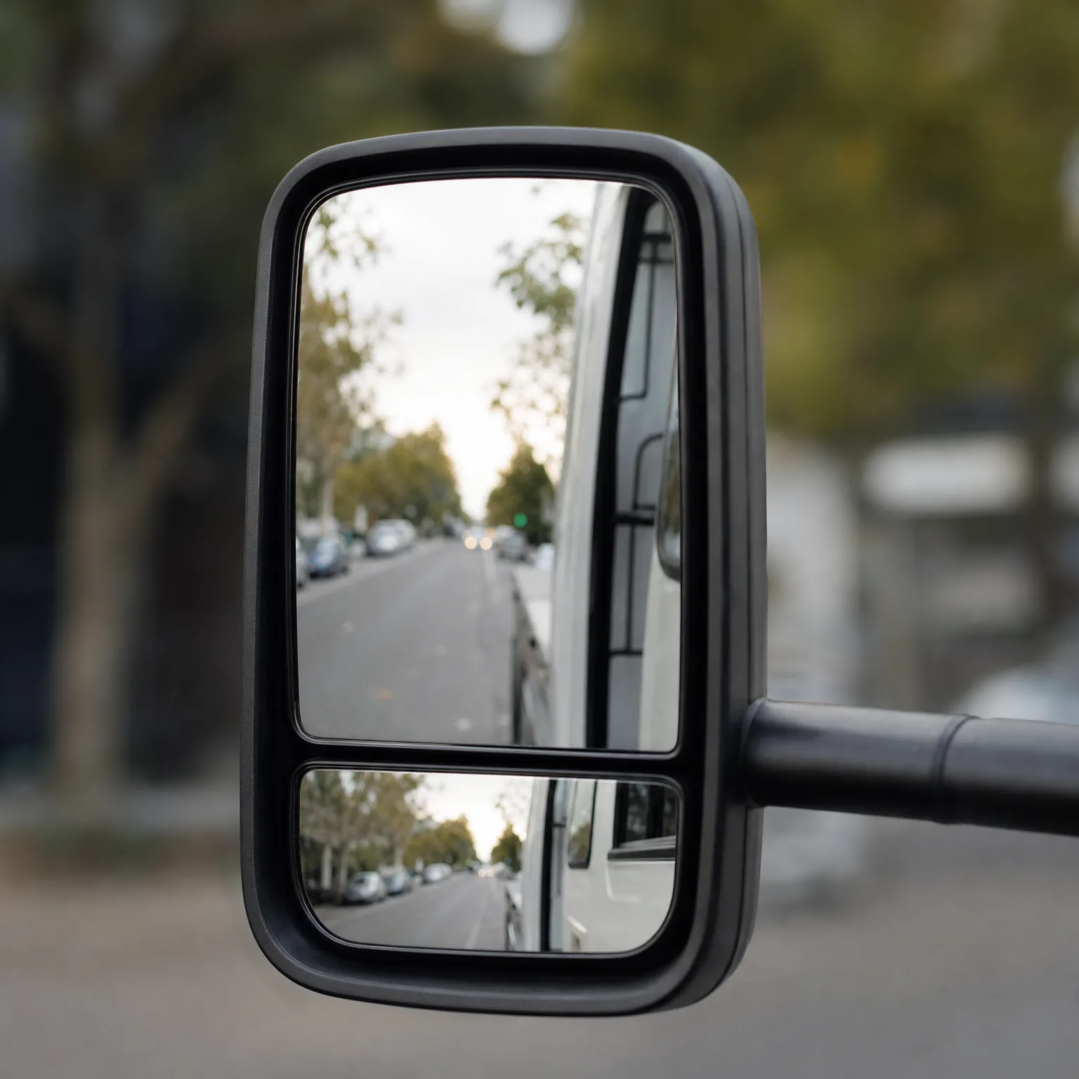 Close-up of a black two-section vehicle side mirror on an arm, reflecting a tree-lined street with parked cars and the white side of the vehicle, against a blurred background.