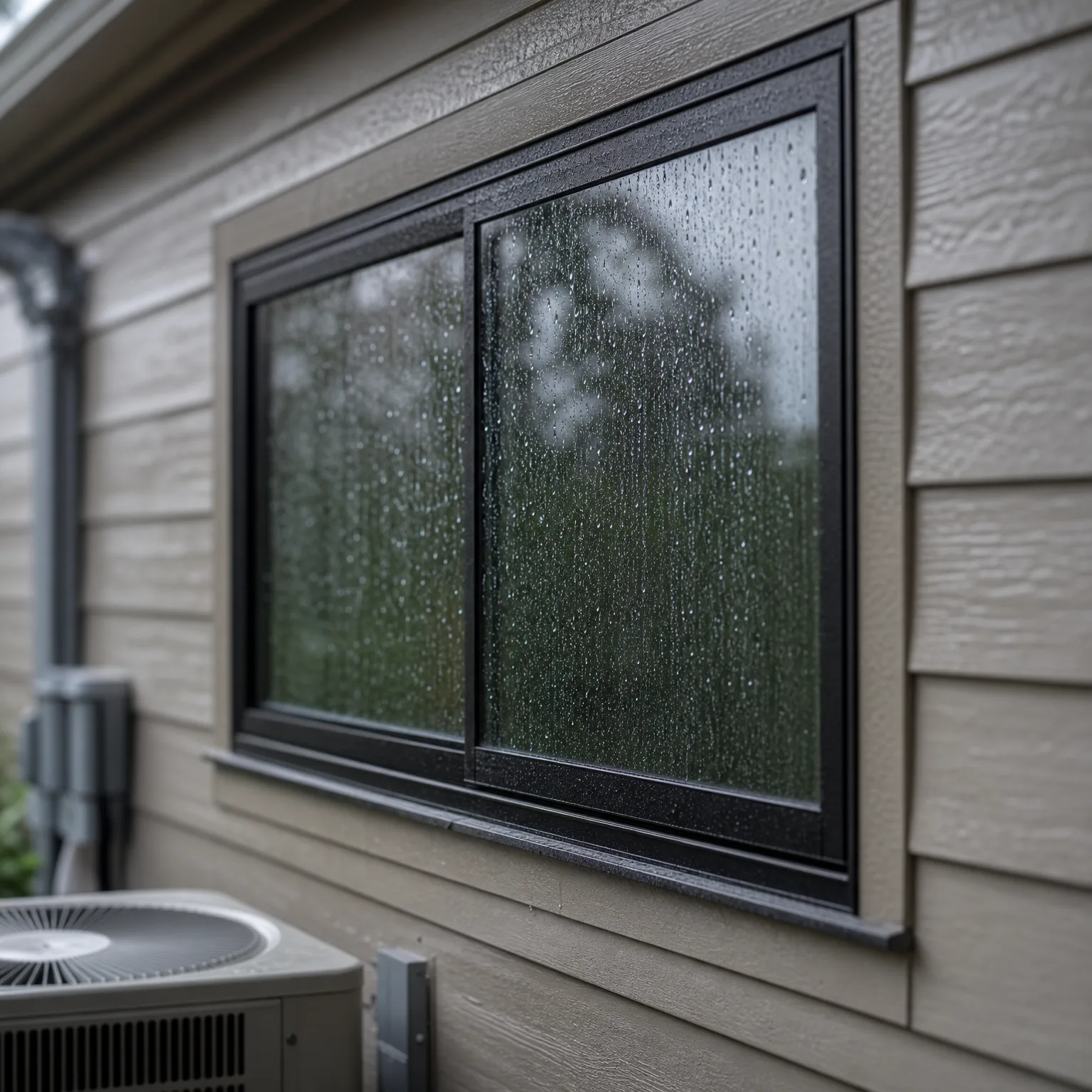 A black-framed sliding window set in beige lap siding, with rain droplets and condensation on the glass, and an outdoor air conditioning condenser unit at the lower left.