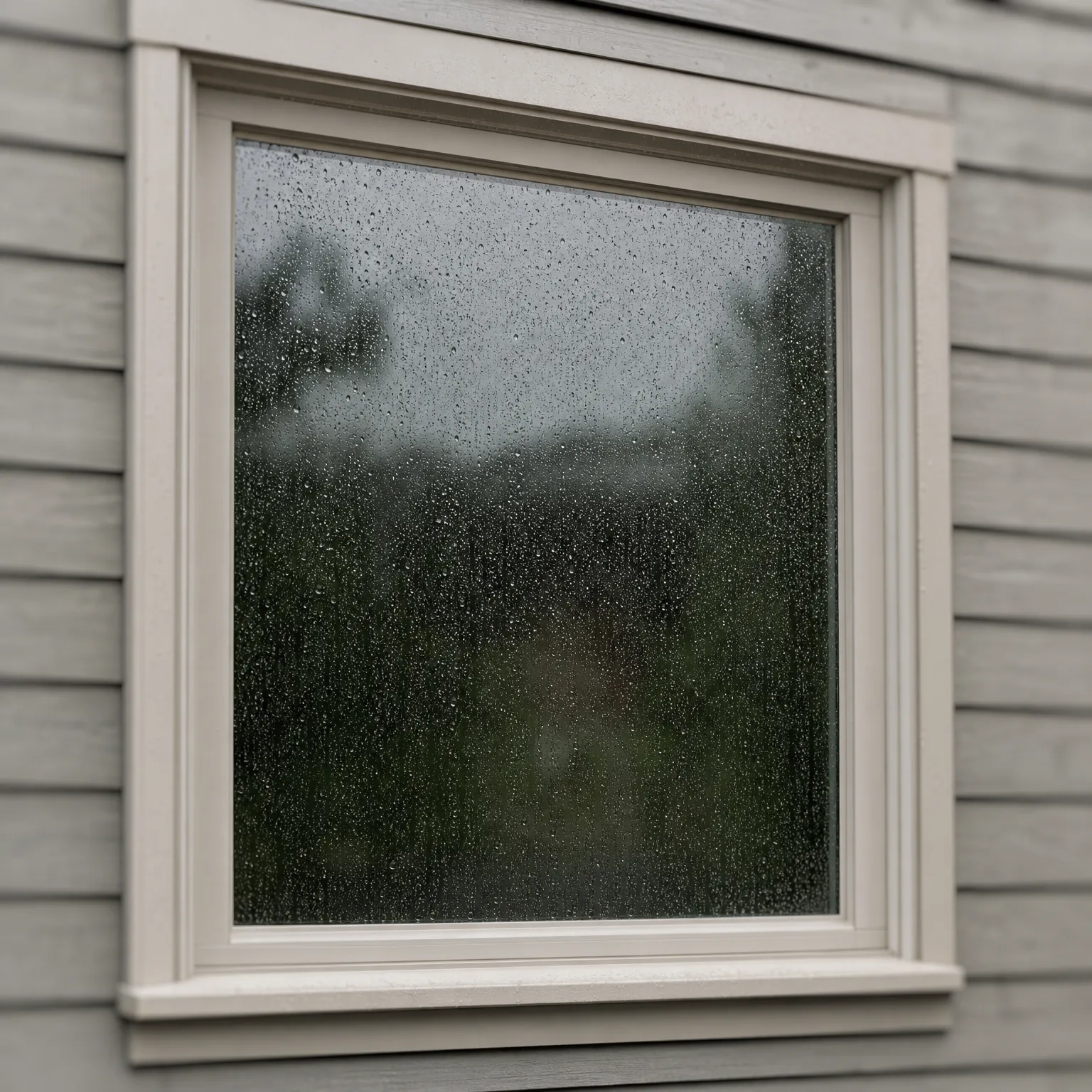 Exterior view of a square white-framed window set in gray horizontal lap siding, with rain droplets covering the glass and blurred dark greenery visible behind it.