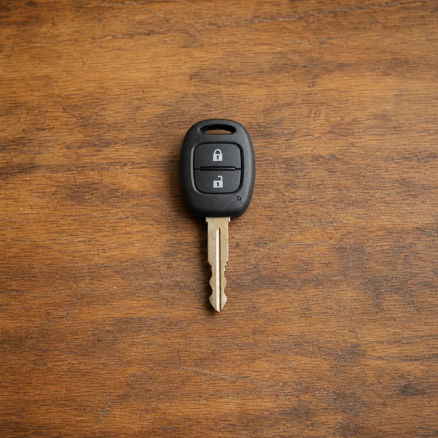 A black remote car key with lock and unlock buttons and a cut metal blade, lying on a wooden surface.