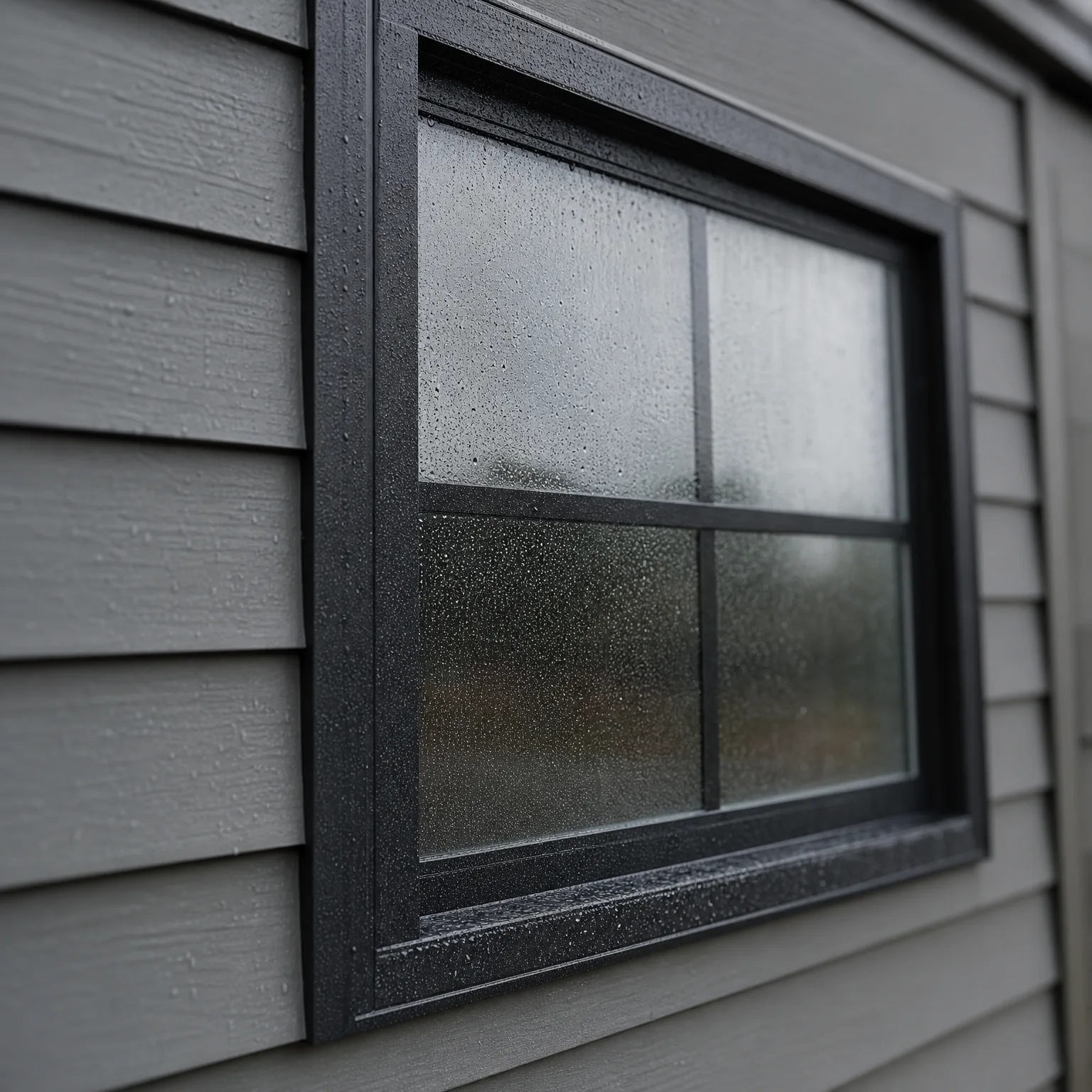 Close-up angled view of a black-framed window with condensation and water droplets on the glass, set in gray horizontal lap siding.