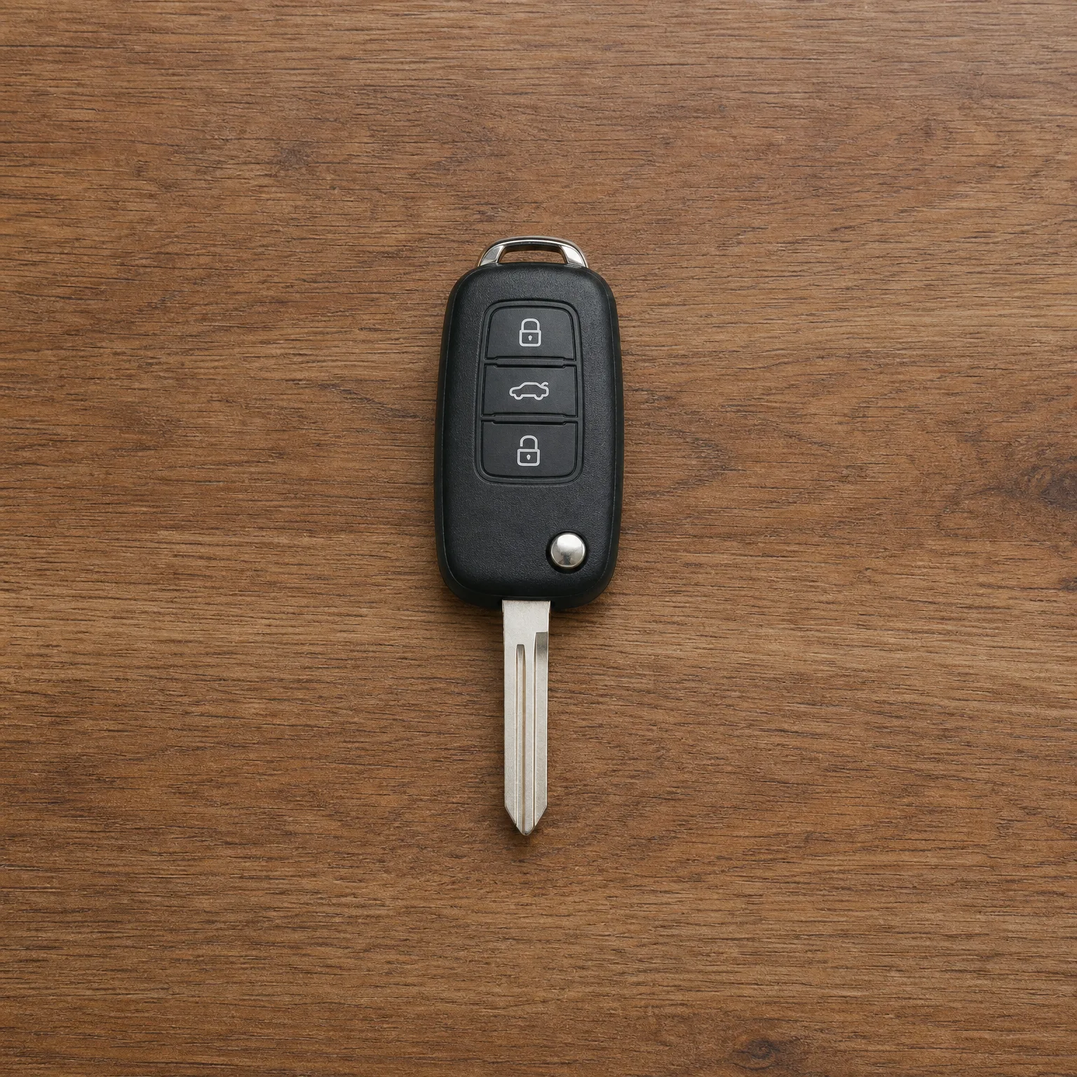 A black three-button car key with an exposed metal blade lying on a wood-grain surface.