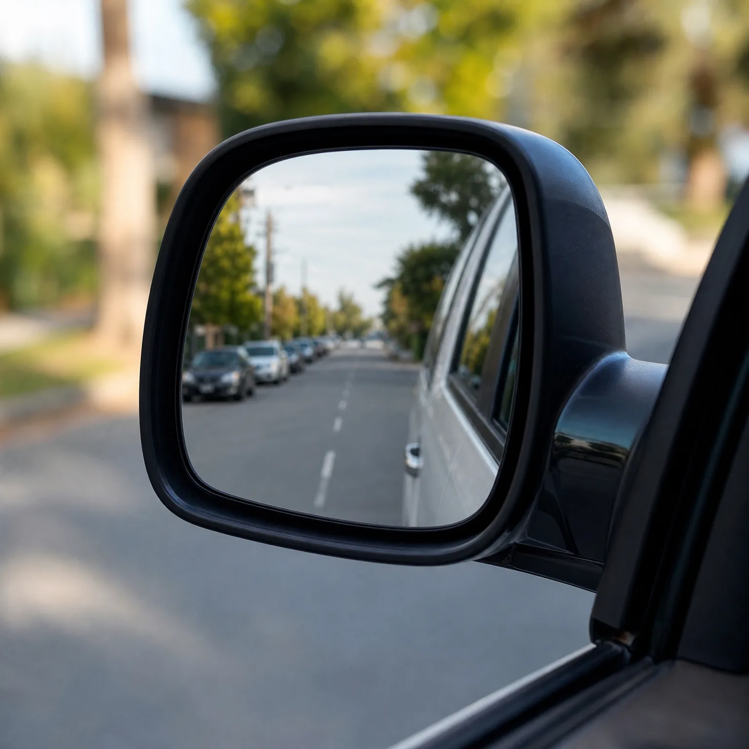 Close-up of a car's side mirror reflecting a tree-lined street with parked cars along the curb and lane markings on the road.