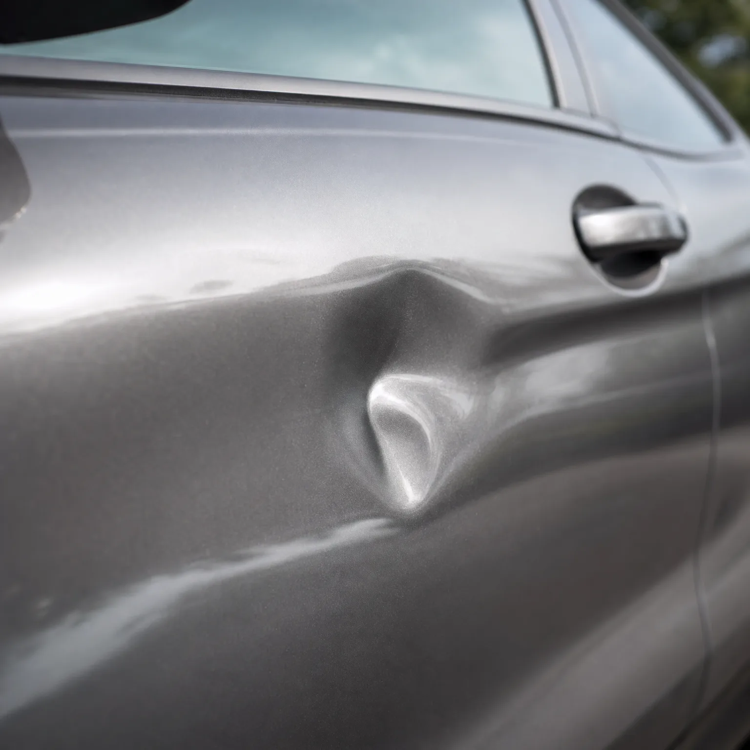 Close-up of a gray car's side door panel showing a large dent and crease below the window, with the door handle and dark glass visible.