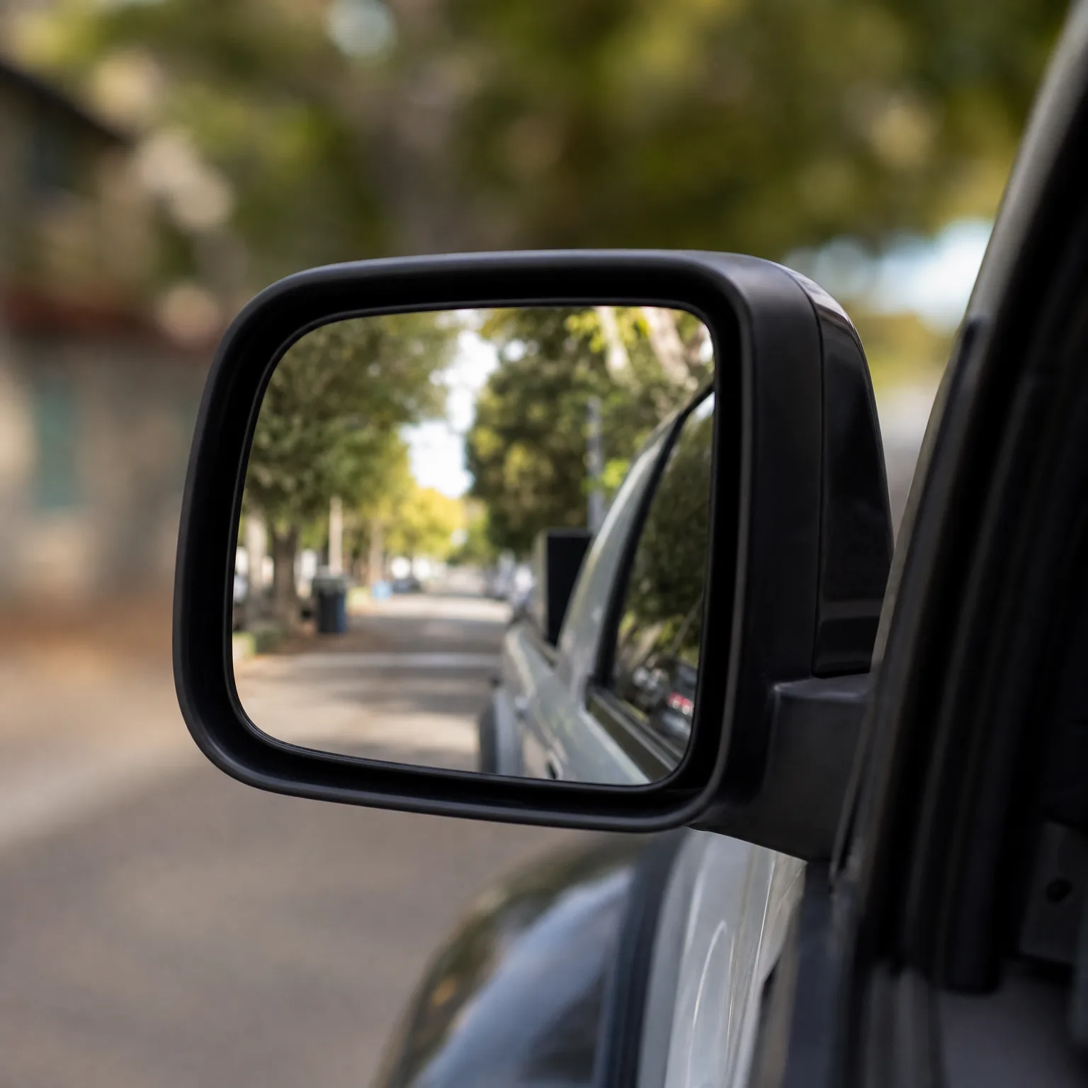 Close-up of a vehicle's black side mirror reflecting a tree-lined street with a parked vehicle, with a blurred building and foliage in the background.