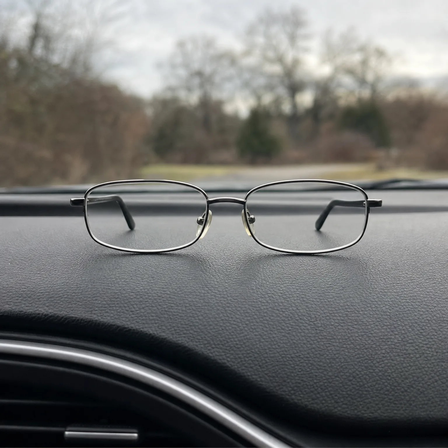 A pair of thin metal-framed eyeglasses resting on a black car dashboard, with a blurred view through the windshield of bare trees and a road.
