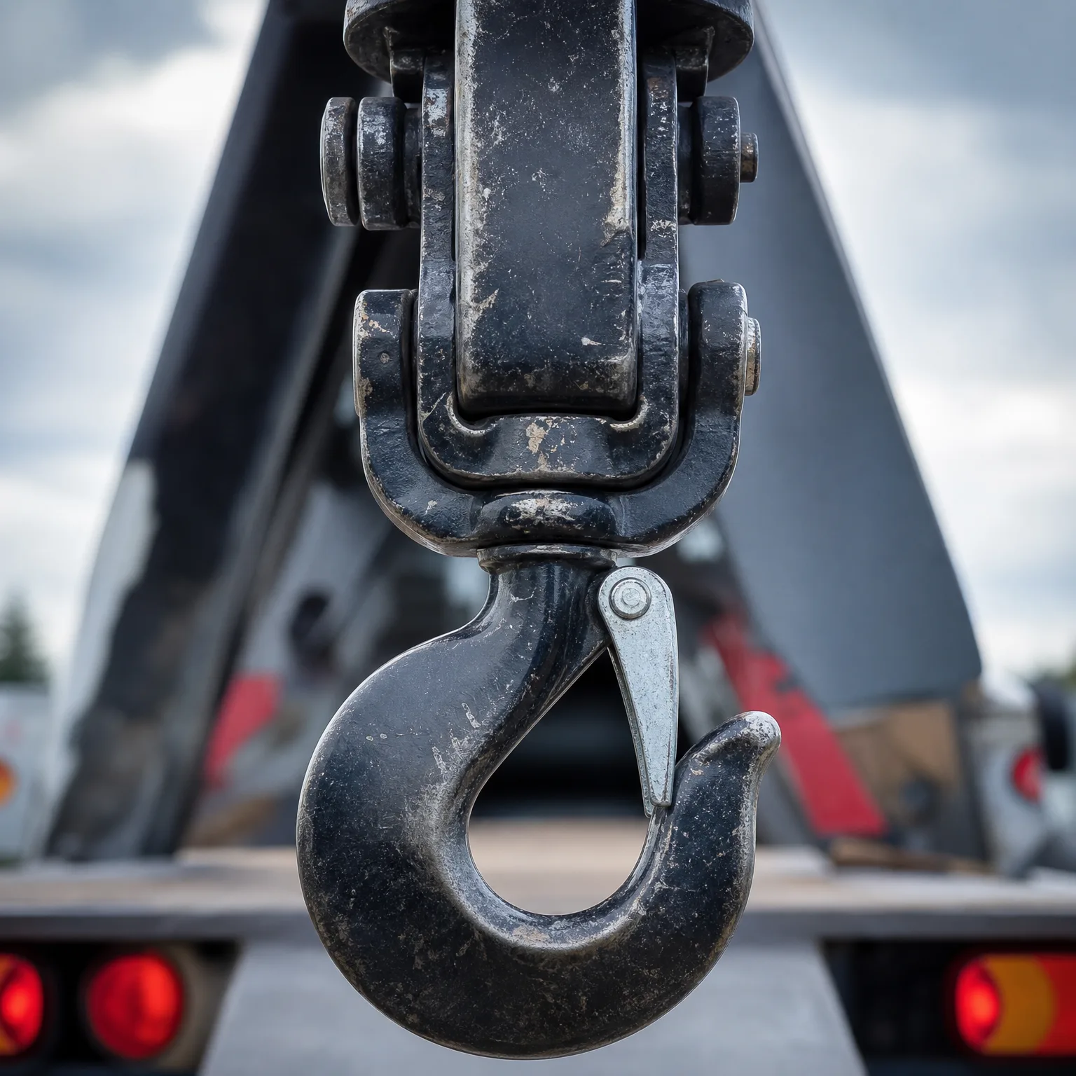 Close-up of a worn black crane hook with a safety latch hanging from a block, with a blurred vehicle frame and red tail lights in the background.