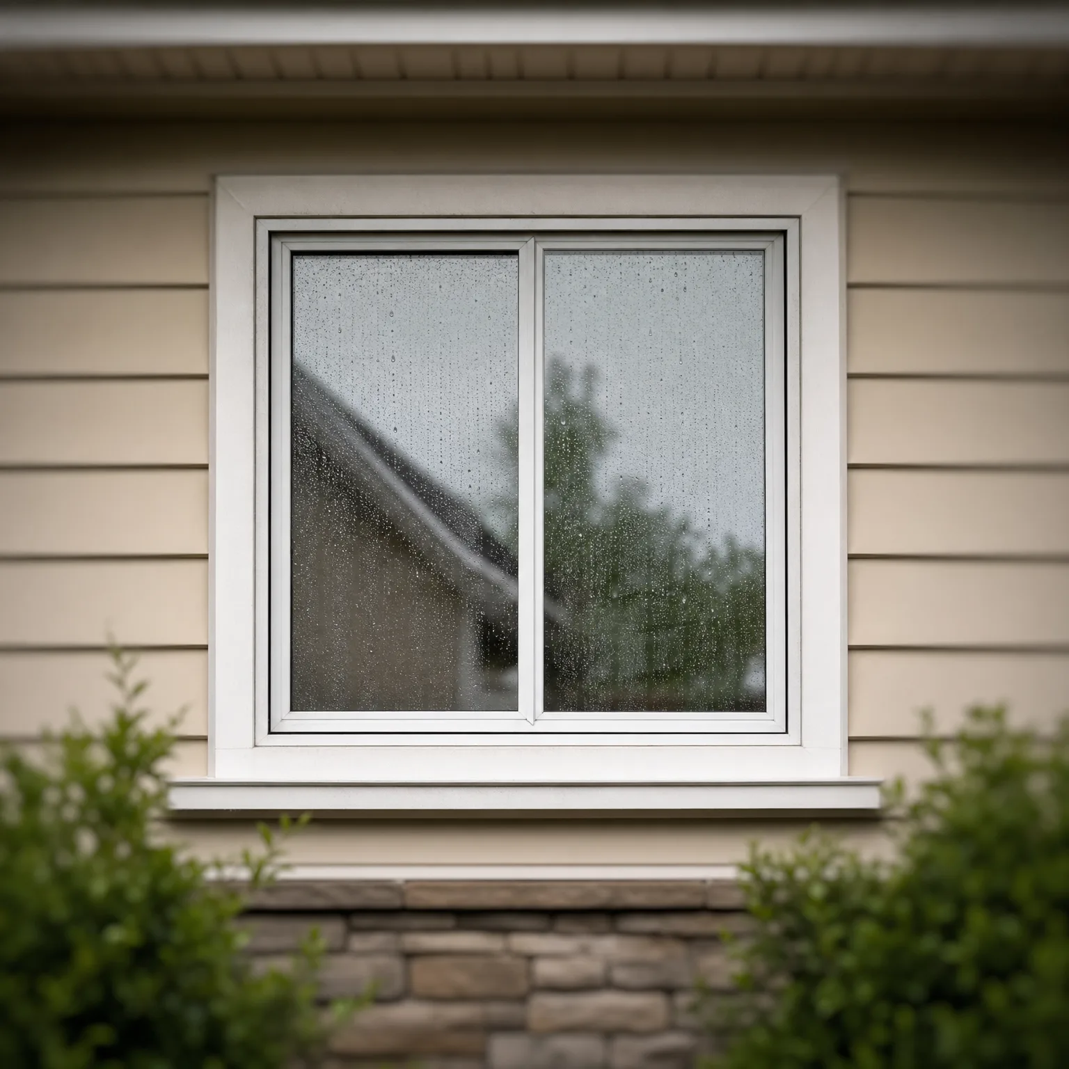 A white-framed two-pane window with water droplets and condensation on the glass, set in horizontal lap siding above a stone veneer base, with green shrubs on both sides.
