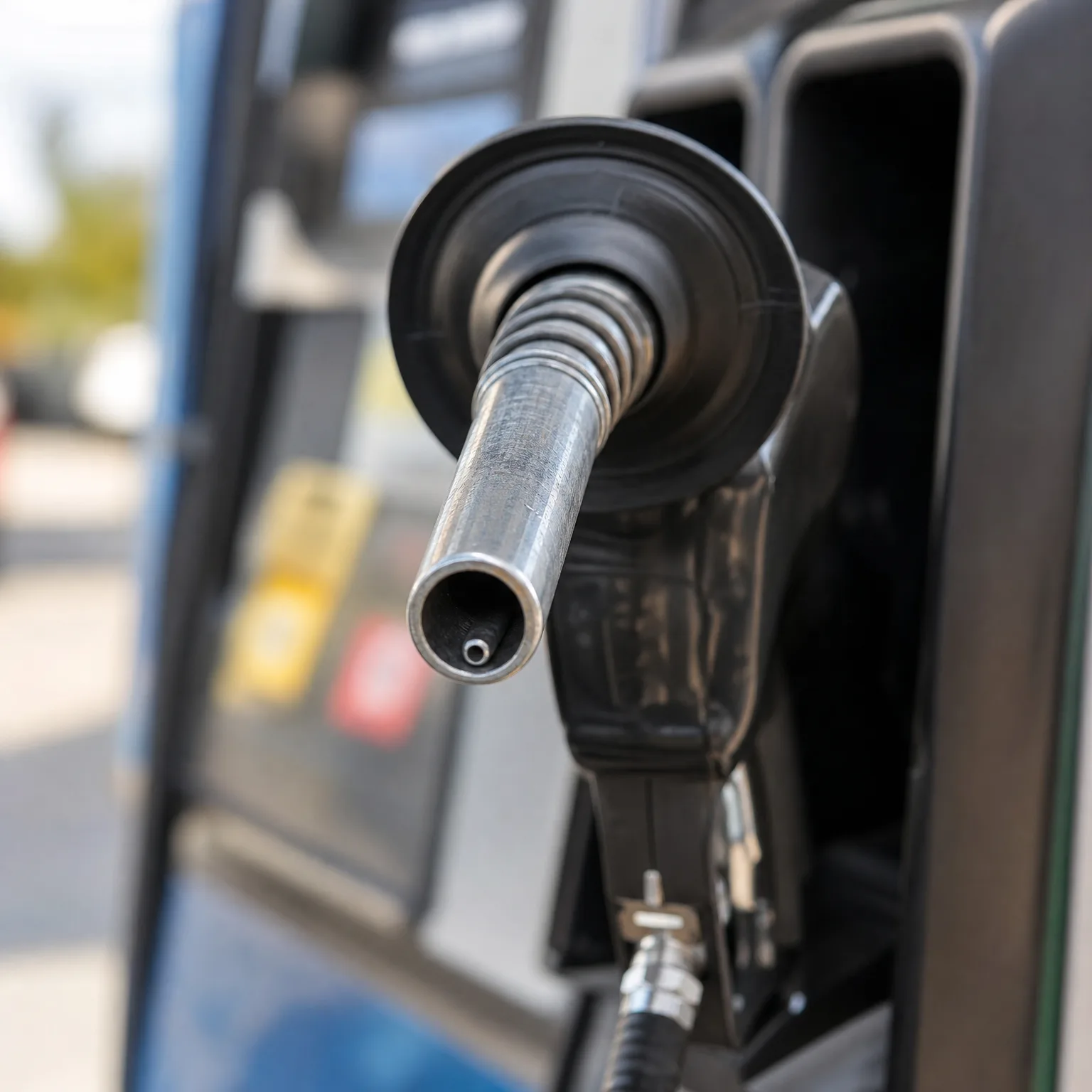 Close-up of a black fuel nozzle with a metal spout resting in a fuel dispenser, with a blurred background.