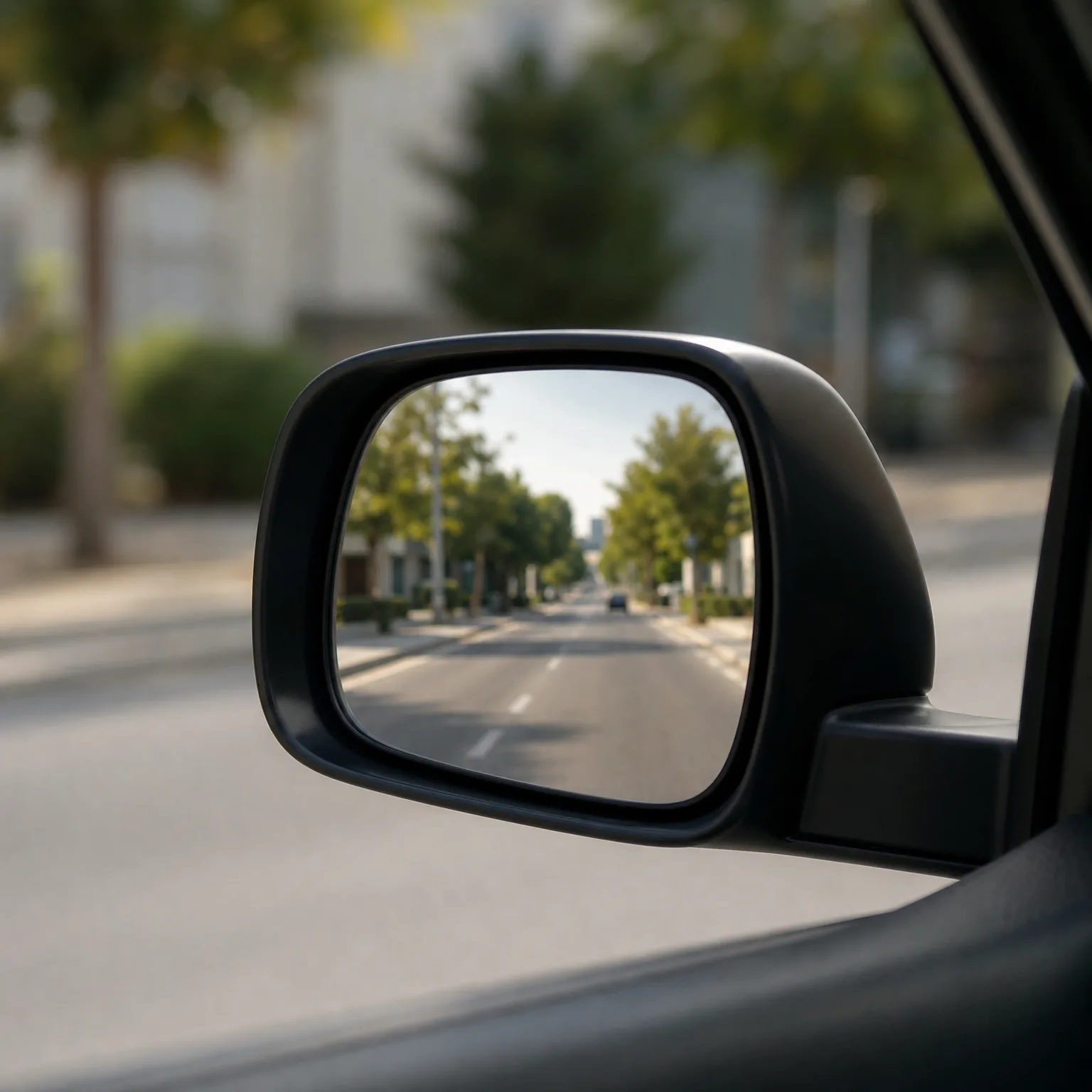 Close-up of a car's black side mirror reflecting a tree-lined street with lane markings and a distant vehicle, with a blurred road and buildings in the background.