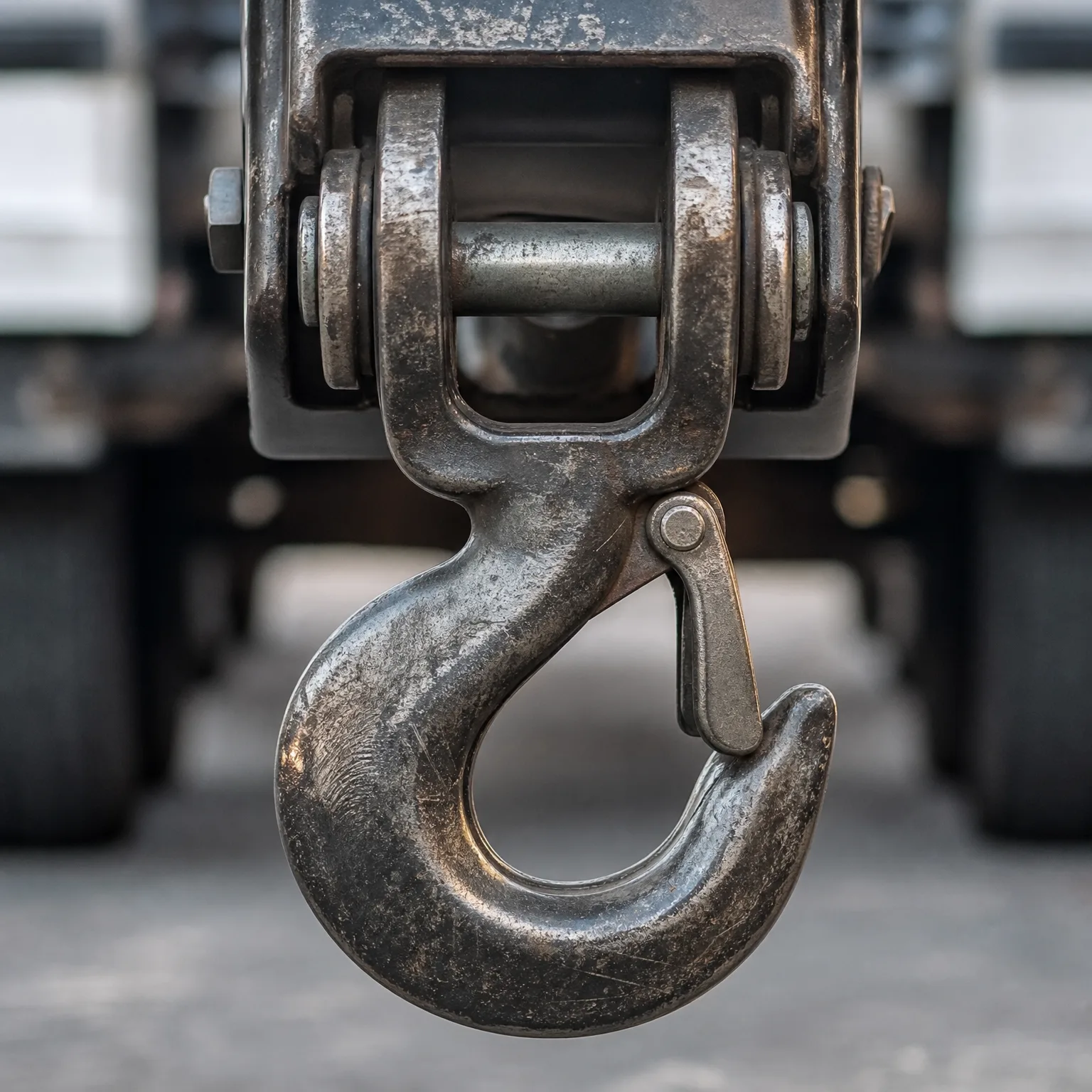 Close-up of a worn steel lifting hook with a safety latch, suspended from a pinned clevis, against a blurred background of vehicle wheels and pavement.