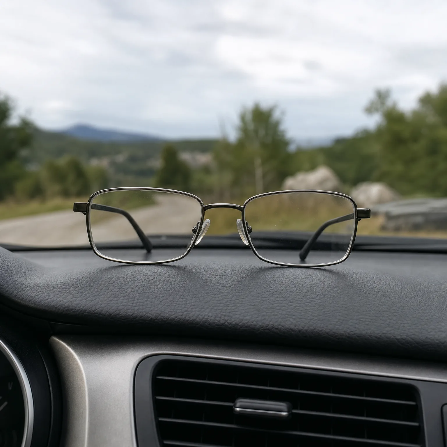A pair of thin metal-framed eyeglasses rests on a car dashboard, with a blurred road, green trees and distant hills visible through the windshield.
