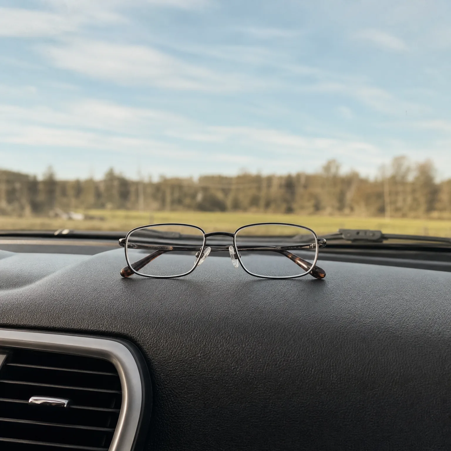 A pair of thin metal-framed eyeglasses resting on a black car dashboard, with a blurred treeline and field visible through the windshield under a blue sky.