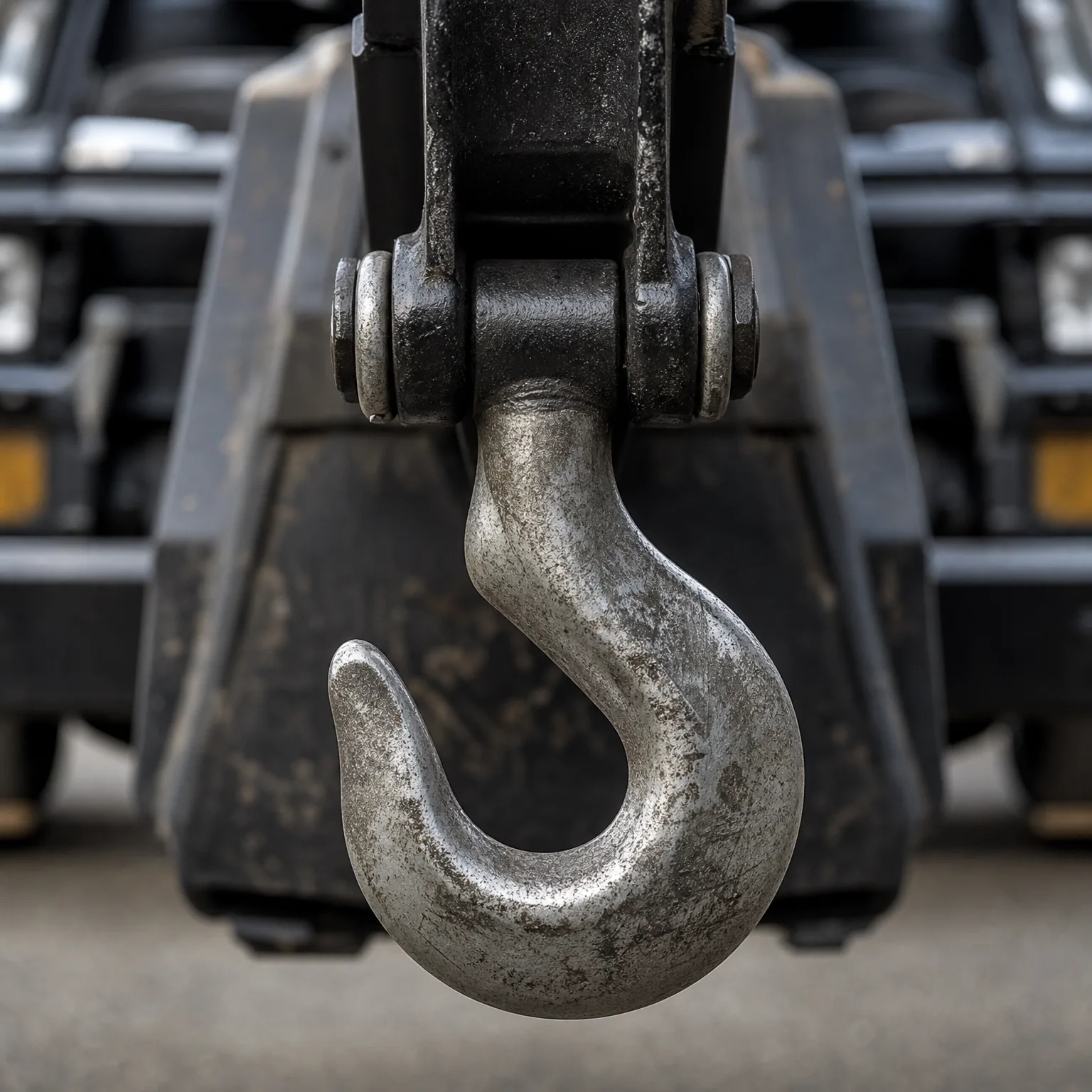 Close-up of a large steel lifting hook hanging from a shackle and clevis, with blurred dark machinery and pavement behind.