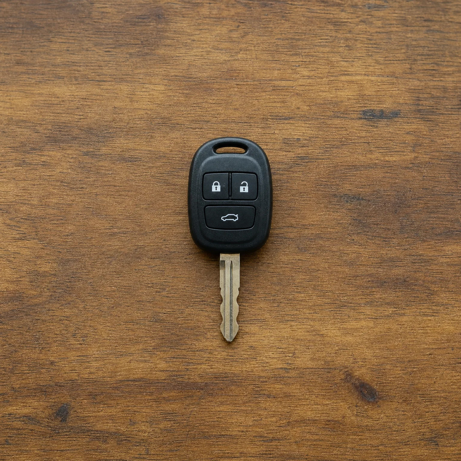 A black three-button car key with lock, unlock, and trunk icons and a cut metal blade, lying on a wooden surface.