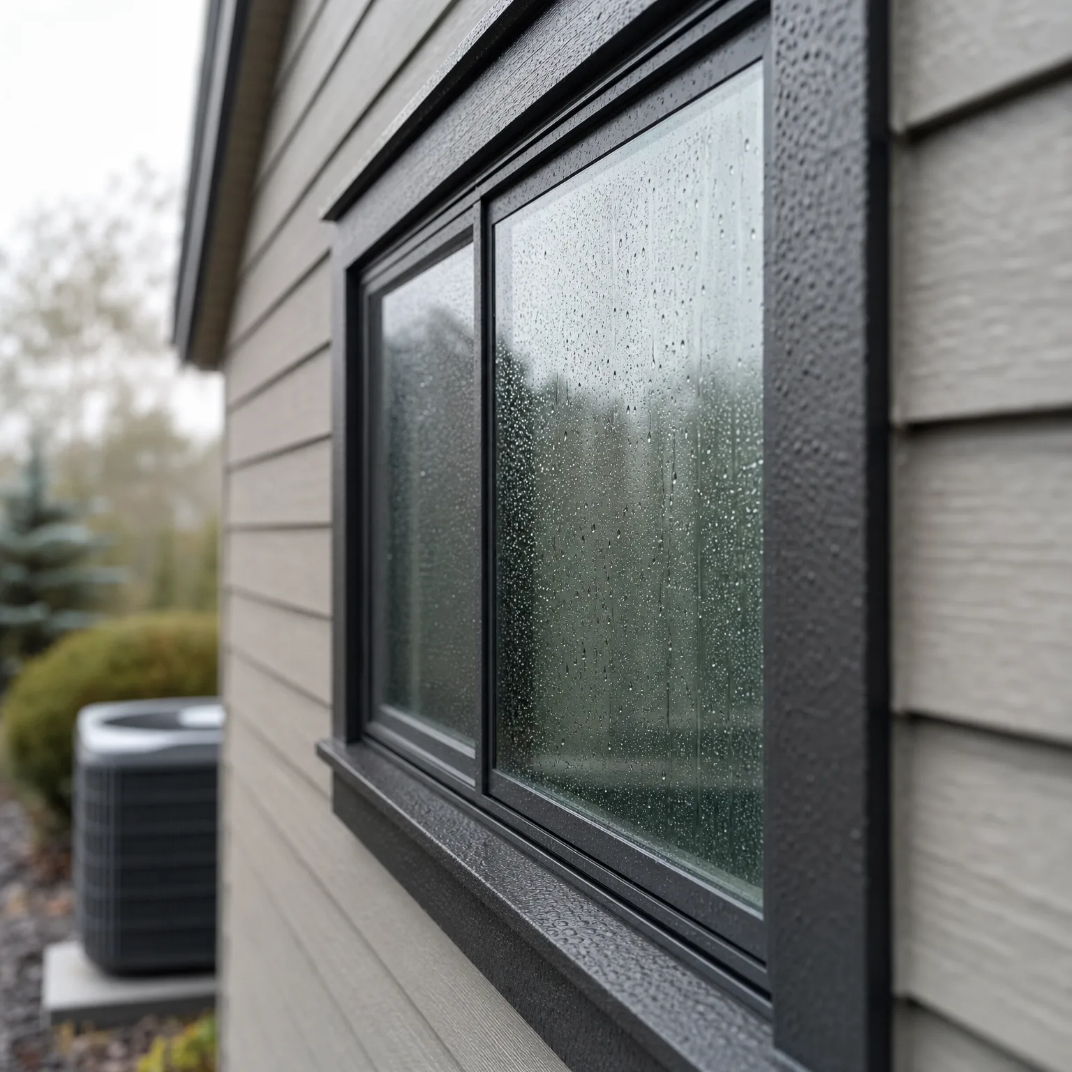 Close-up angled view of a black-framed window with water droplets on the glass, set in light gray lap siding, with an outdoor condenser unit and shrubs blurred in the background.