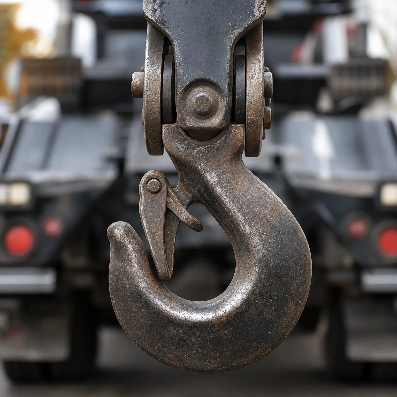 Close-up of a large steel lifting hook with a safety latch and swivel pin, hanging in front of blurred truck beds with red tail lights.
