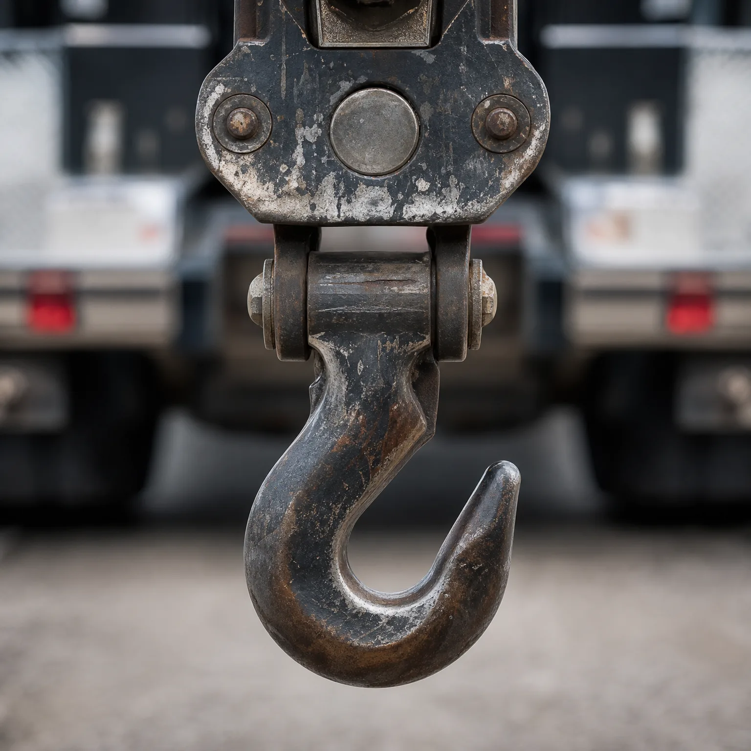Close-up of a worn steel crane or tow hook with a swivel block and bolts, hanging in front of a blurred truck rear end and gravel ground.