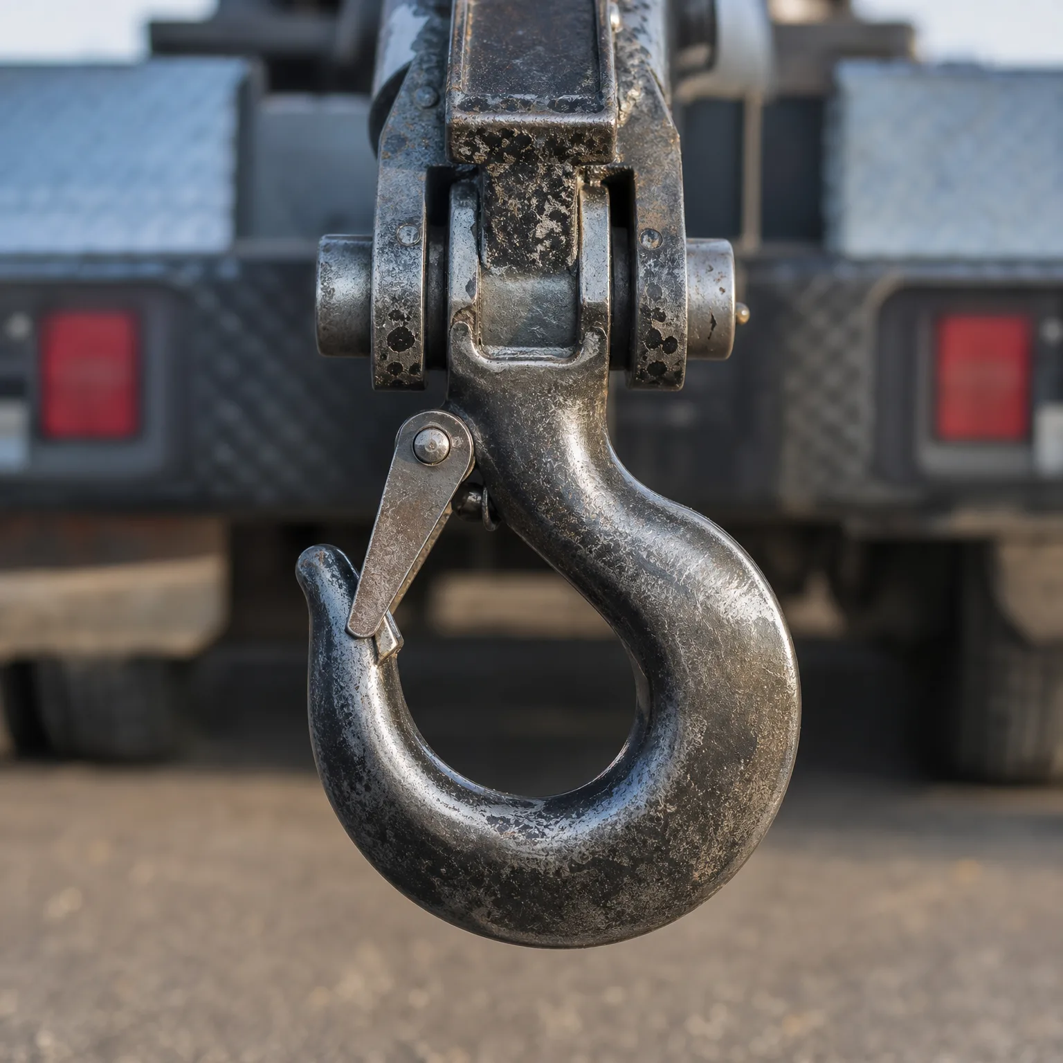 Close-up of a worn steel lifting hook with a safety latch hanging from a pinned shackle, with a blurred truck rear bed and red tail lights behind.